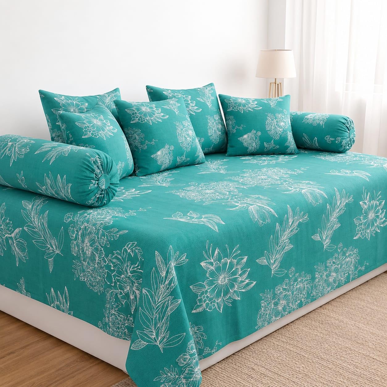 Sands® 180 TC Diwan Cover Set, 1 Single Bedsheet (60 x 90 inch), 5 Pillows (16 x 16 inch), 2 Bolster Covers (16 x 32 inch) (Teal Green)-image-46