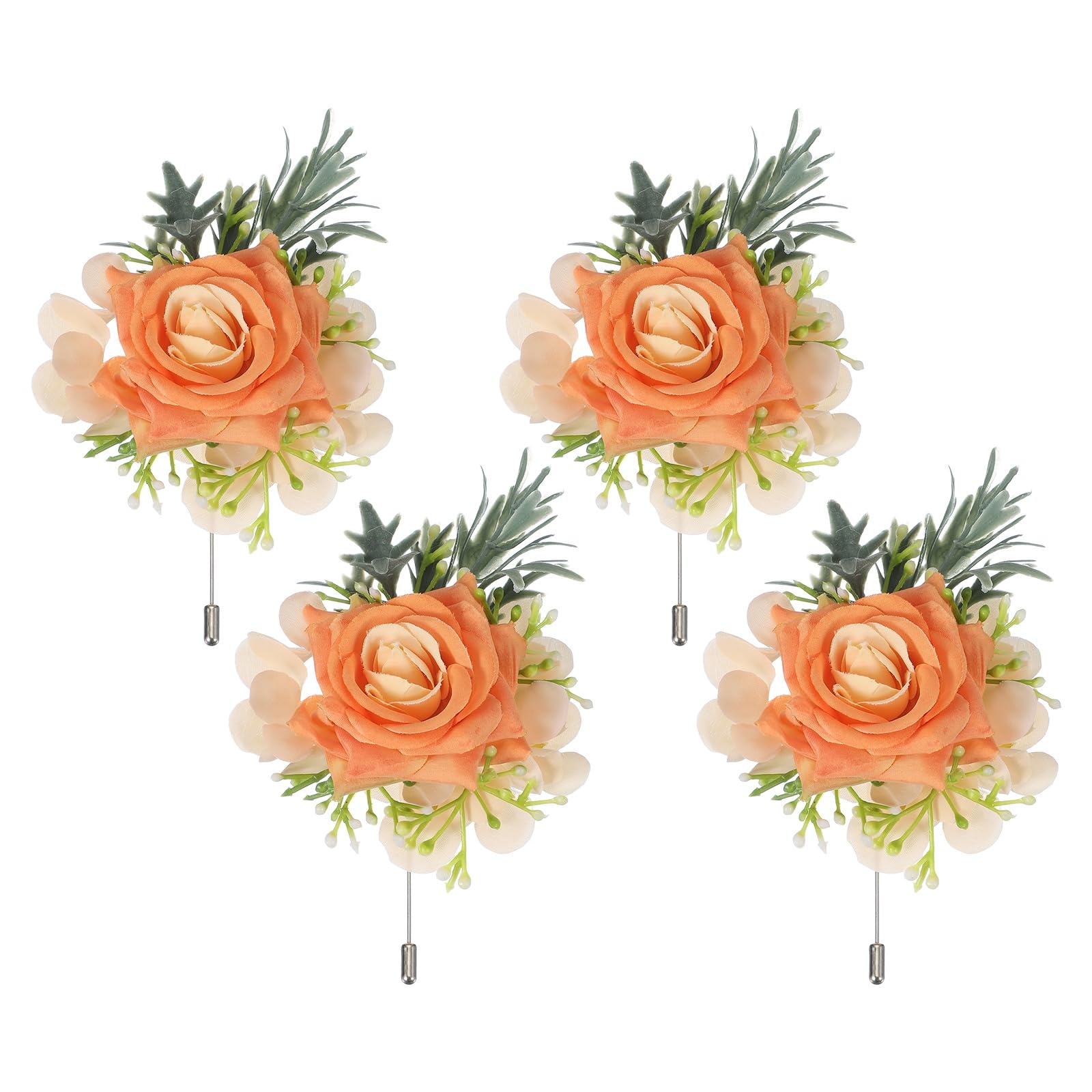 sourcing map 4 Pcs Light Orange Boutonnieres for Men, Artificial Flower Buttonholes Pocket for Wedding Bride Groom Ceremony Anniversary Prom Party