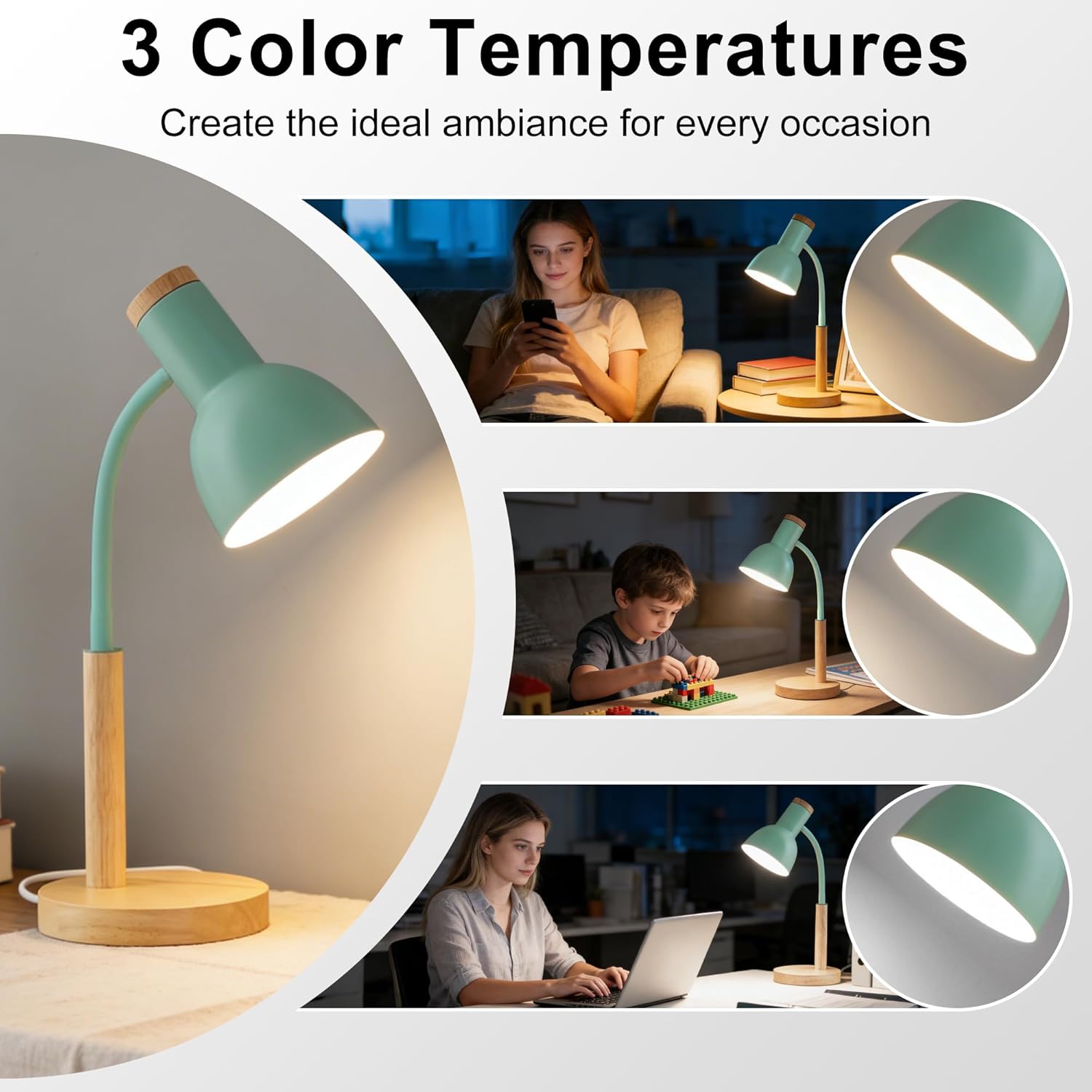 WLHONG LED Desk Lamp, Modern Table Lamps 3 Color Modes, Eye-Caring Reading Light, Desk Light with Adjustable Flexible Gooseneck, Study Lamp for Kids Audlt Bedside Dorm Room Essentials (Green)