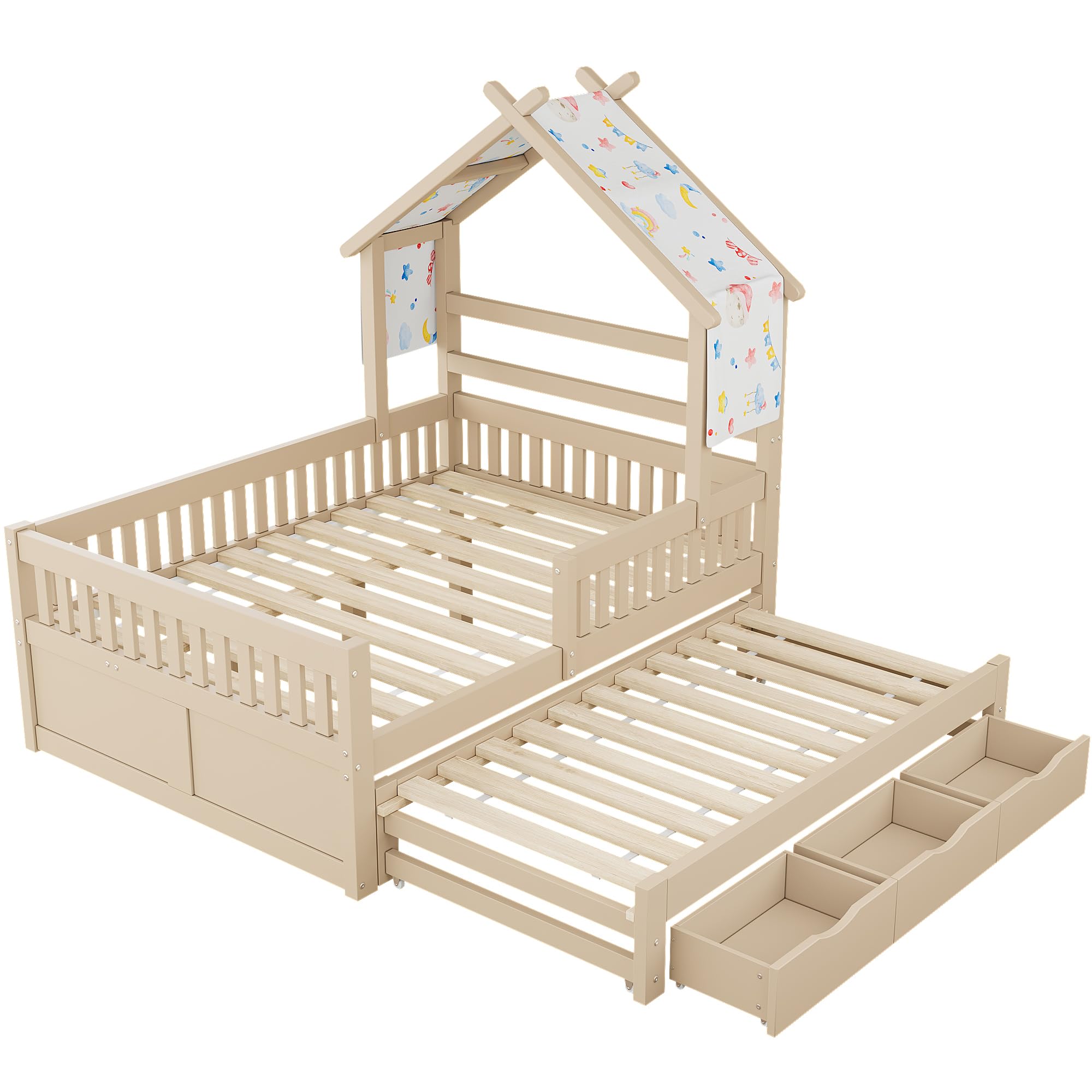 Sapgaks Lit Enfant en Bois 140 x 200 avec lit gigogne 90x190,3 tiroirs et barrières de sécurité,lit cabane Enfants,Cadre de lit 140 x 200 avec sommier à Lattes (C-Jaune Clair 140x200)