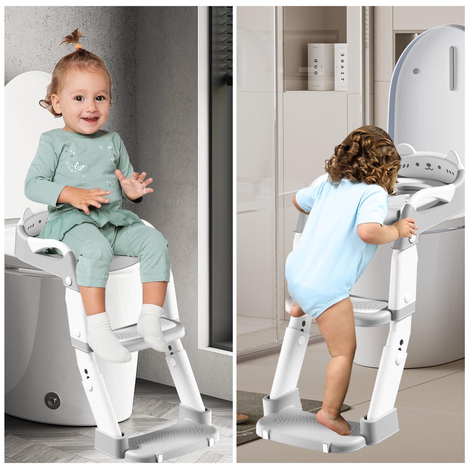 Reducteur Toilette Enfant, Siège Toilette Enfants 3 en 1 Trainer Pot WC, Siège de Toilette, Rehausseur Toilette Enfant avec Coussin pour Enfants Garçons et Filles, Réglable en Hauteur (Gris)