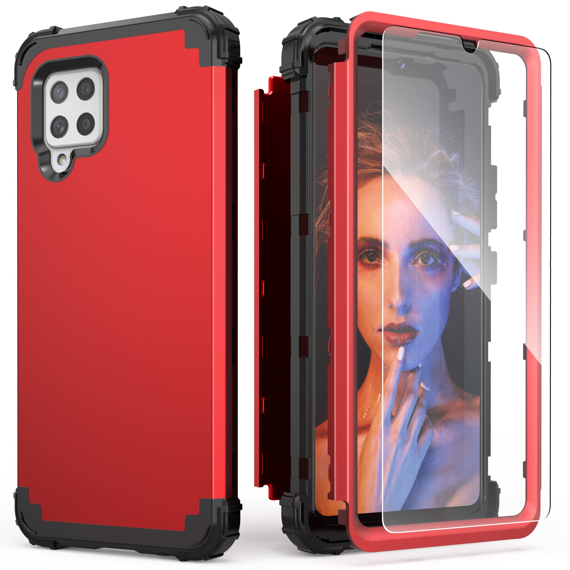 IDweel for Galaxy A42 5G Case with Tempered Glass Screen Protector, Hybrid 3 in 1 Shockproof Heavy Duty Hard PC Cover Soft Silicone Durable Bumper