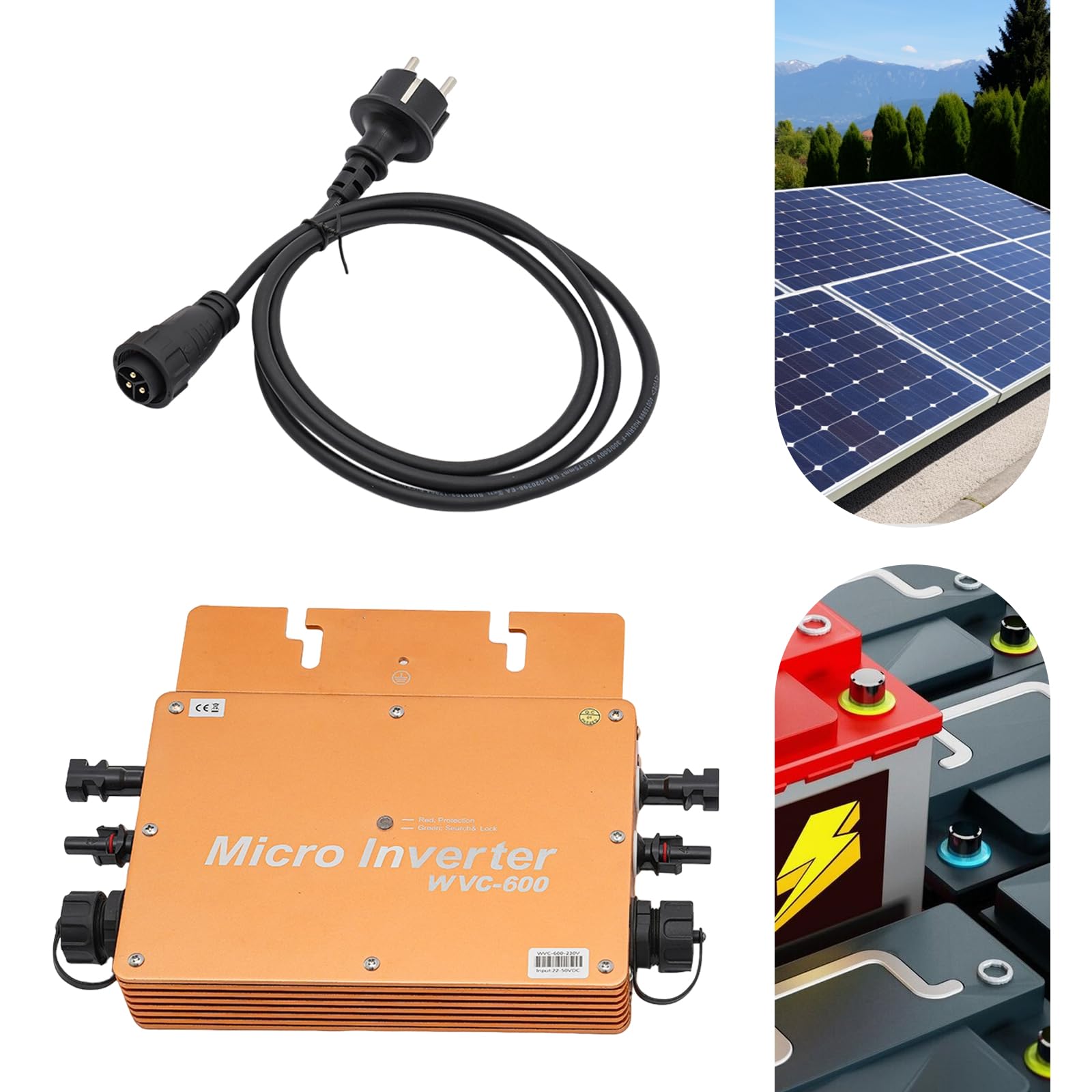 Solar-Wechselrichter WVC-600W Digital, 220V MPPT Grid Tie Micro-Inverter, Wasserdichter Grid-Connect für Solarpanel-Balkonkraftwerk, Golden