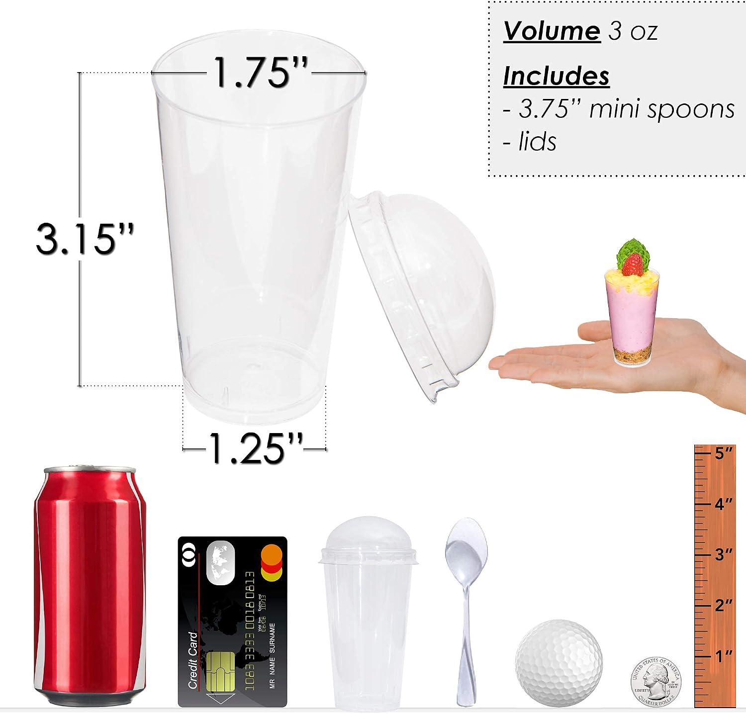 DLux 100 x 3oz Mini Dessert Cups with Lids & Spoons, Shooter - Clear Plastic Parfait Appetizer Cup - Small Reusable Cups for Tasting Party Desserts Appetizers - With Recipe Ebook