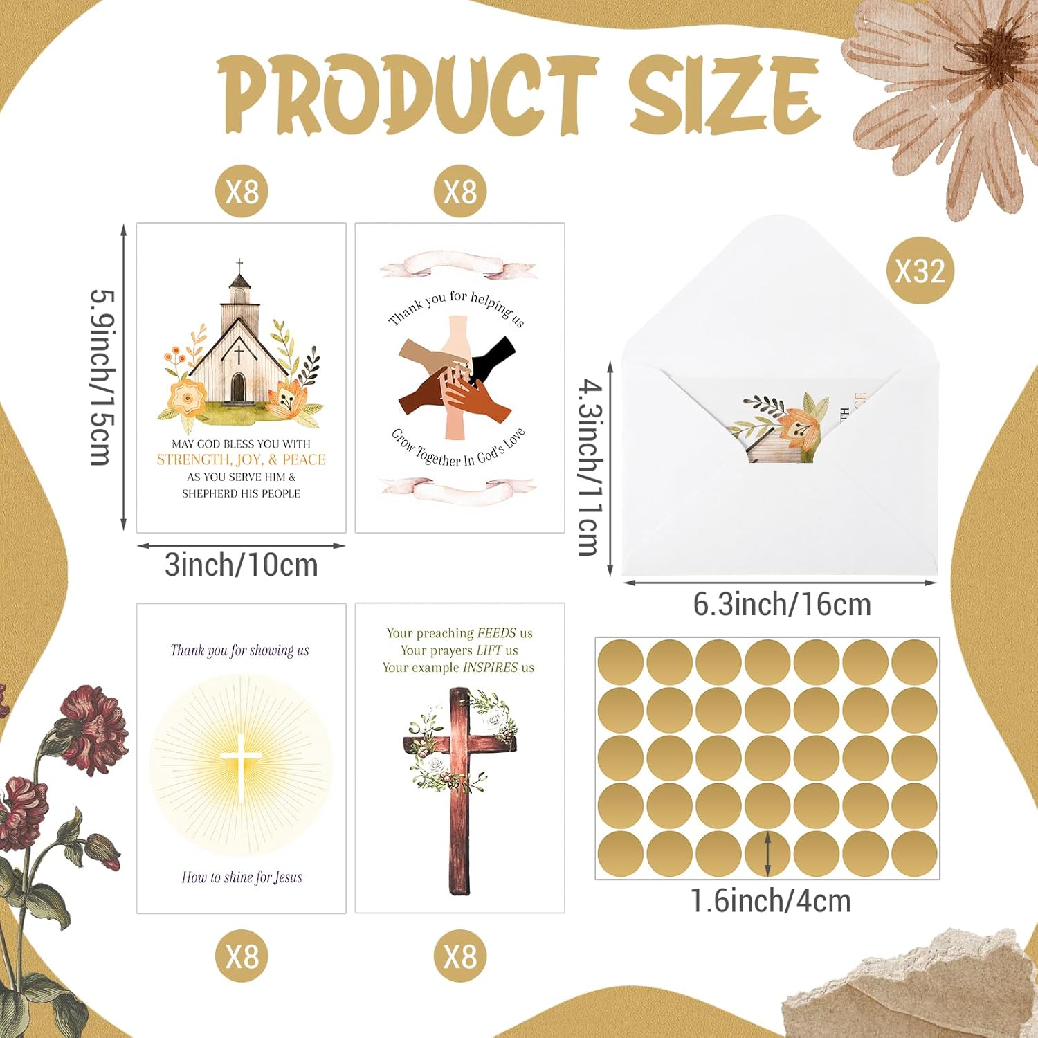 32 Pack Religious Thank You Cards for Pastor Ministry Appreciation with Envelopes & Stickers Thank You Greeting Card Set for Minister, Church Staff, Volunteers - Image 2