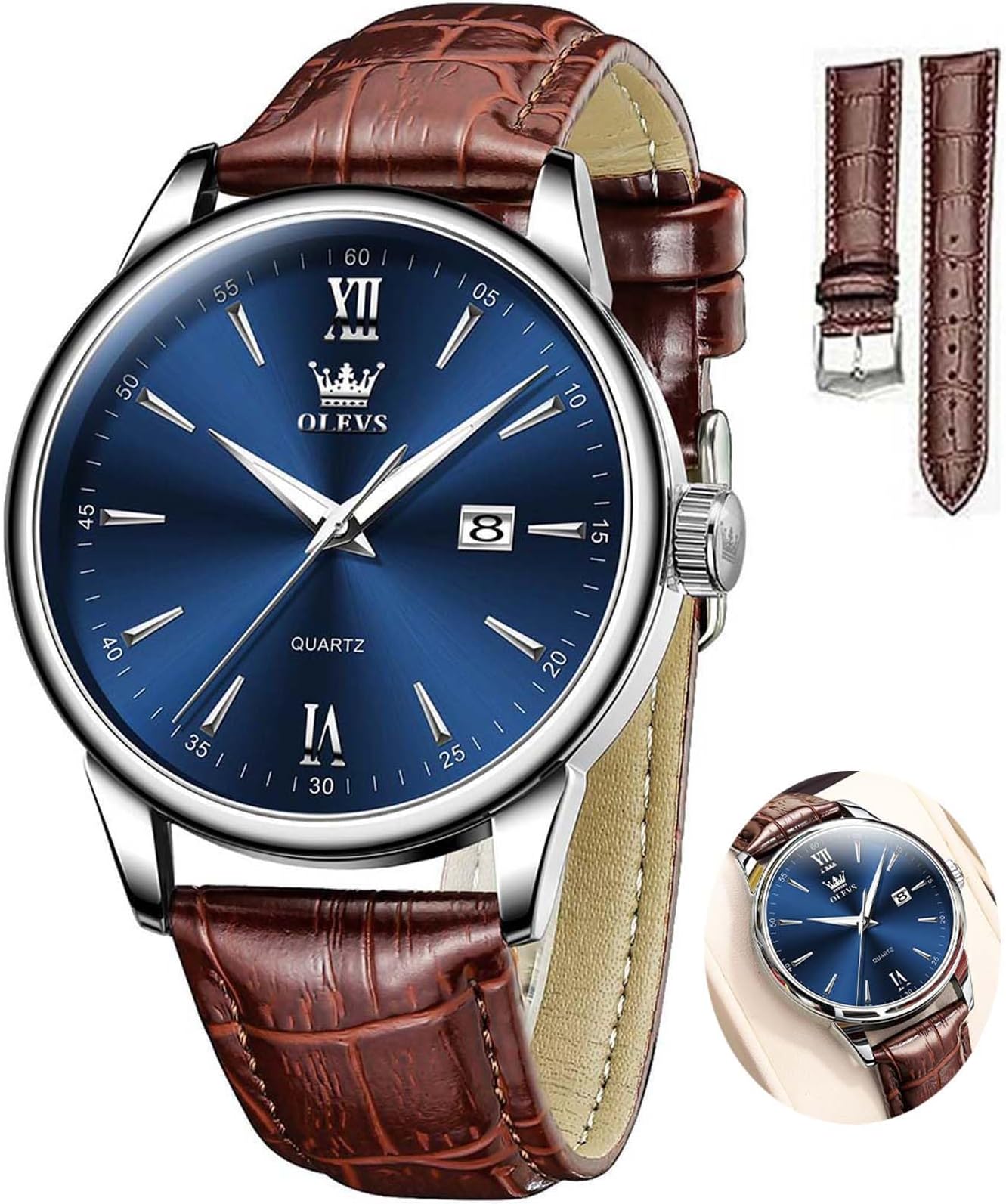 OLEVSWatches for Men Fashion Elegant Leather Band Men Watch Waterproof Quartz Analog Calendar Men's Wrist Watches Blue/White/Black