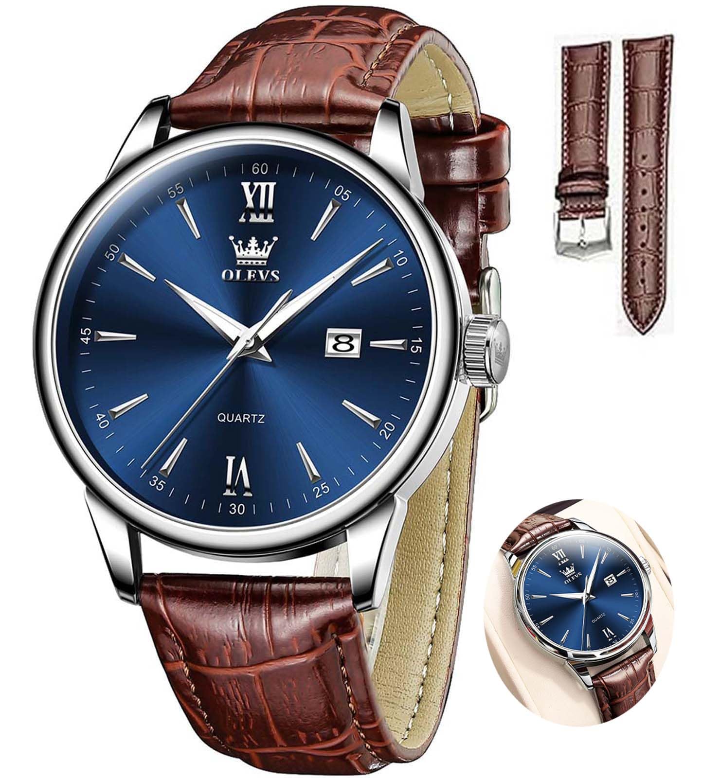 OLEVSWatches for Men Fashion Elegant Leather Band Men Watch Waterproof Quartz Analog Calendar Men's Wrist Watches Blue/White/Black