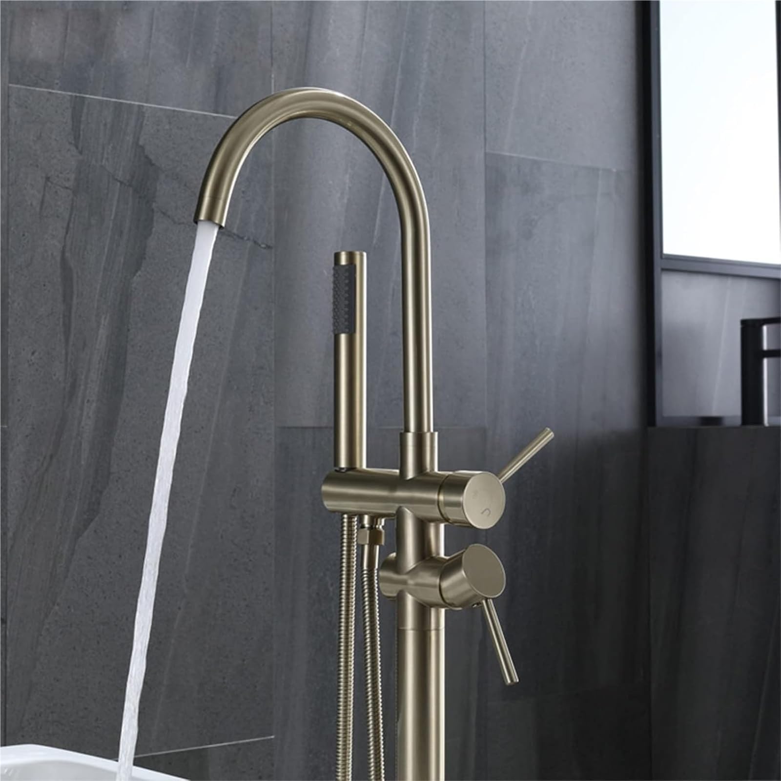 ry Rubinetto per vasca da bagno in ottone spazzolato, 2 modalità di montaggio a pavimento, con beccuccio girevole a 360° e doccetta per bagni moderni, facile da installare