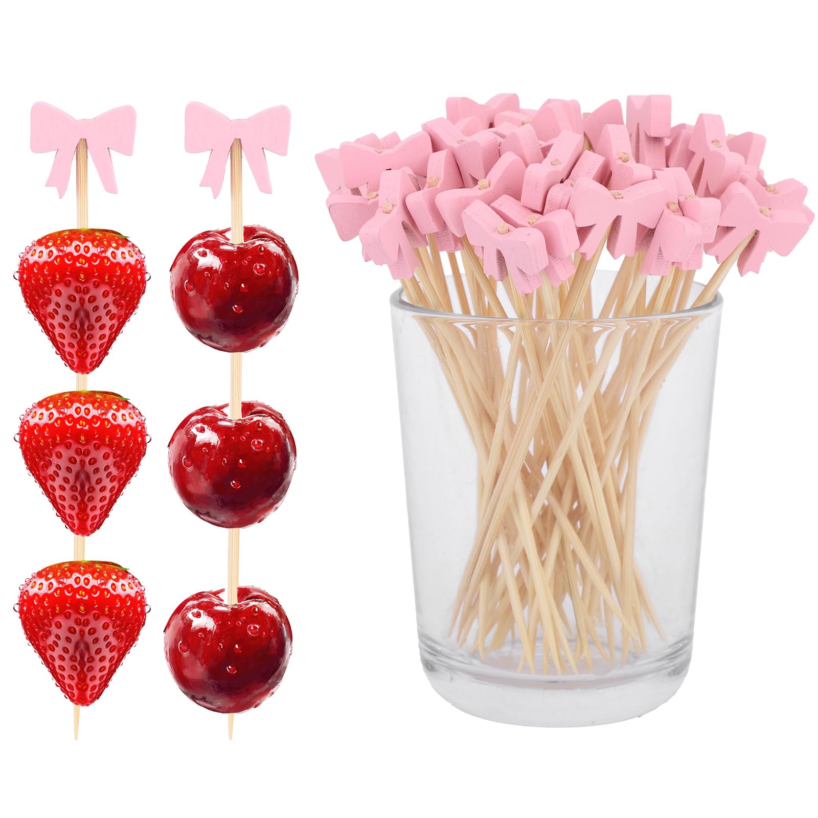 100pcs Pink Bow Cocktail Picks, 4.7 Inch Cute Wooden Toothpicks Fruit Skewers Cocktail Picks for Appetizers Fruit Drinks Birthday Wedding Bachelorette, Baby Shower Party Supplies