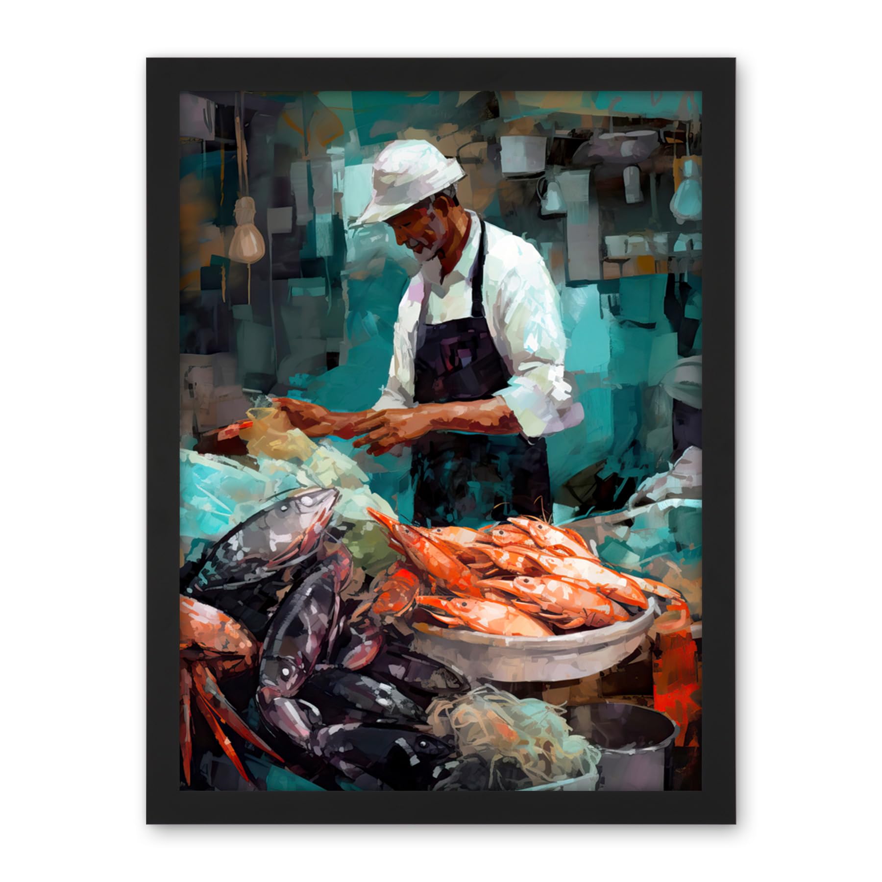 Artery8 Market Fishmonger Selling Fresh Catch Seafood Artwork Framed Wall Art Print 18X24 Inch