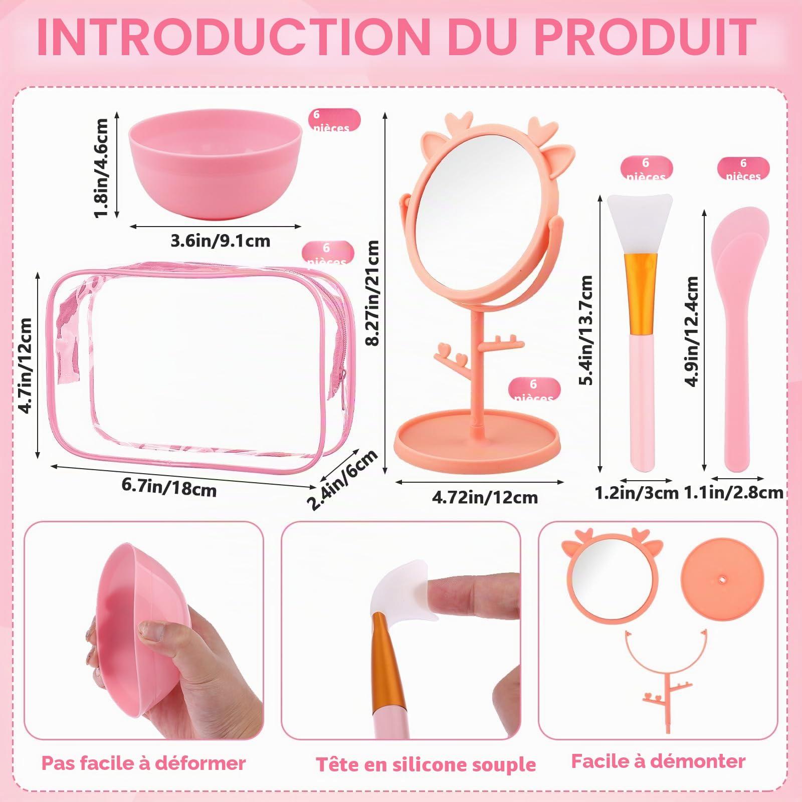 48 pièces Fournitures de fête pour nuitée pour filles Ensemble de bandeau et bracelet pour soins de la peau Favoris de fête pour nuitée, 6 masques pour le visage Bols à mélange 6 miroirs 6 bandeaux 6