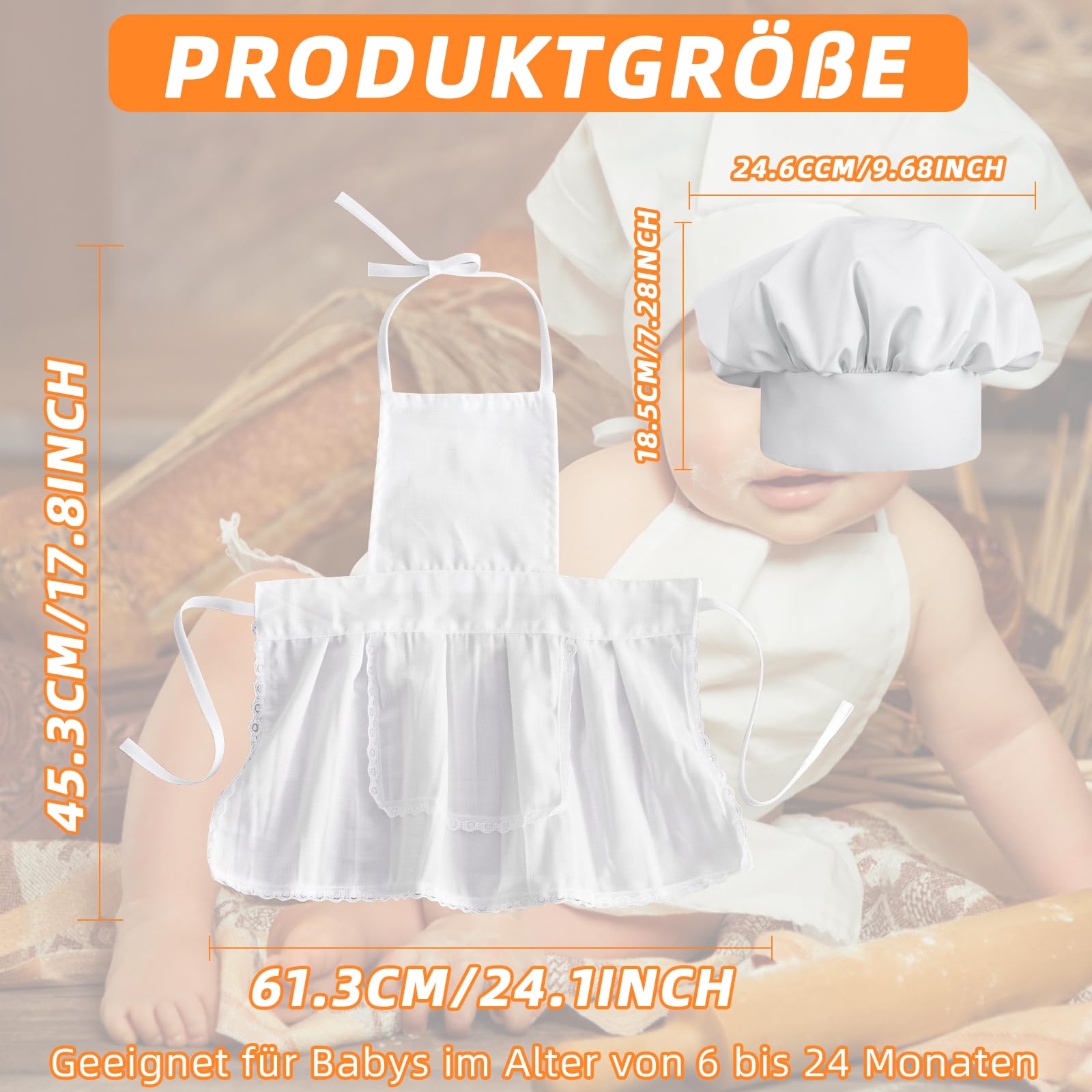Weiße Baby-Kochmütze und Schürze, Babyschürze und Kochmütze für kleine Köche von 8–24 Monaten, Mini-Schürze als Fotografie-Requisite für Neugeborene, Kleinkinder