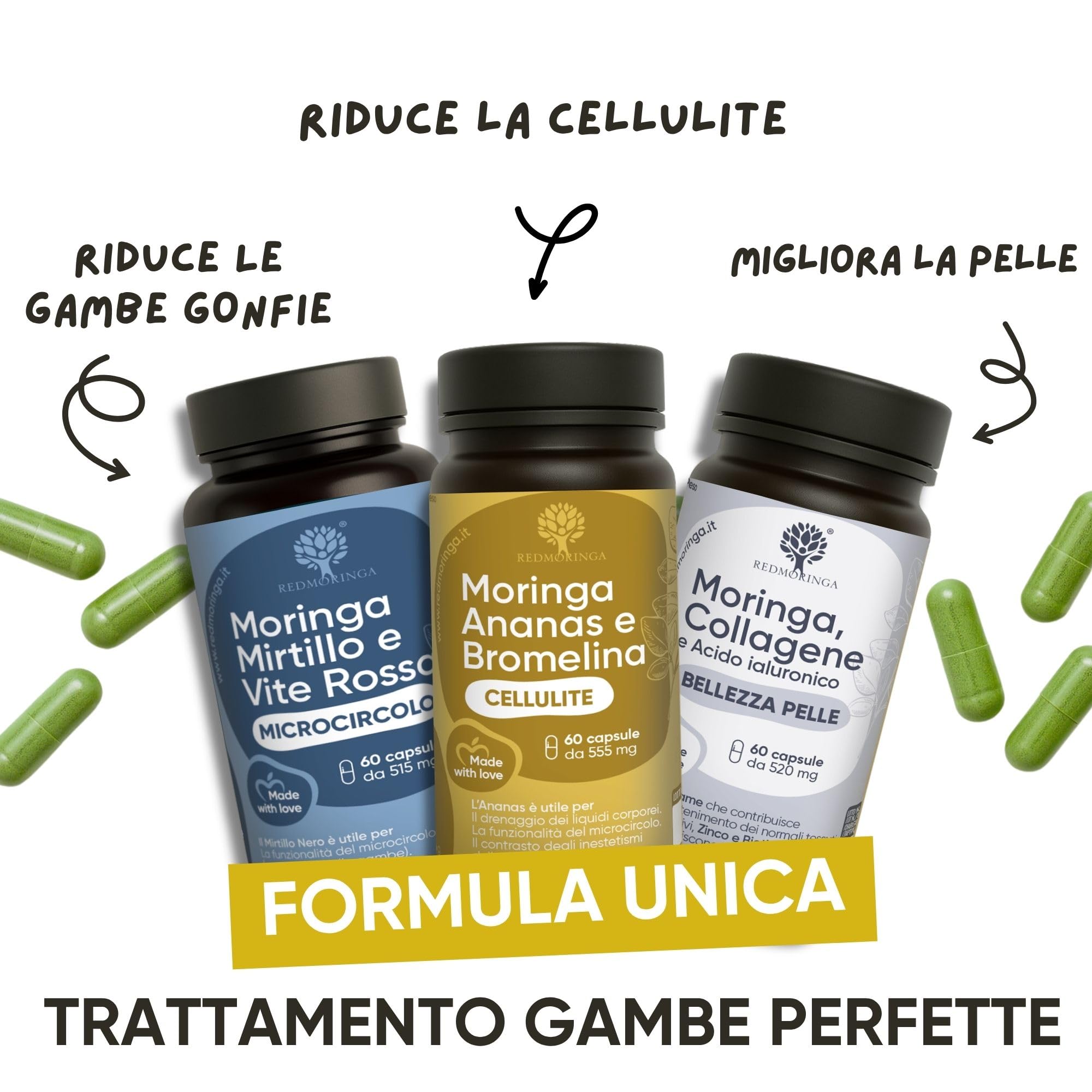 Trattamento Gambe Perfette RedMoringa - Bundle Integratore Ananas e Bromelina 5000GDU | Integratore Mirtillo Nero | Integratore Collagene e Moringa BIO (180 Caps. Drenante + Microcircolo + Collagene)