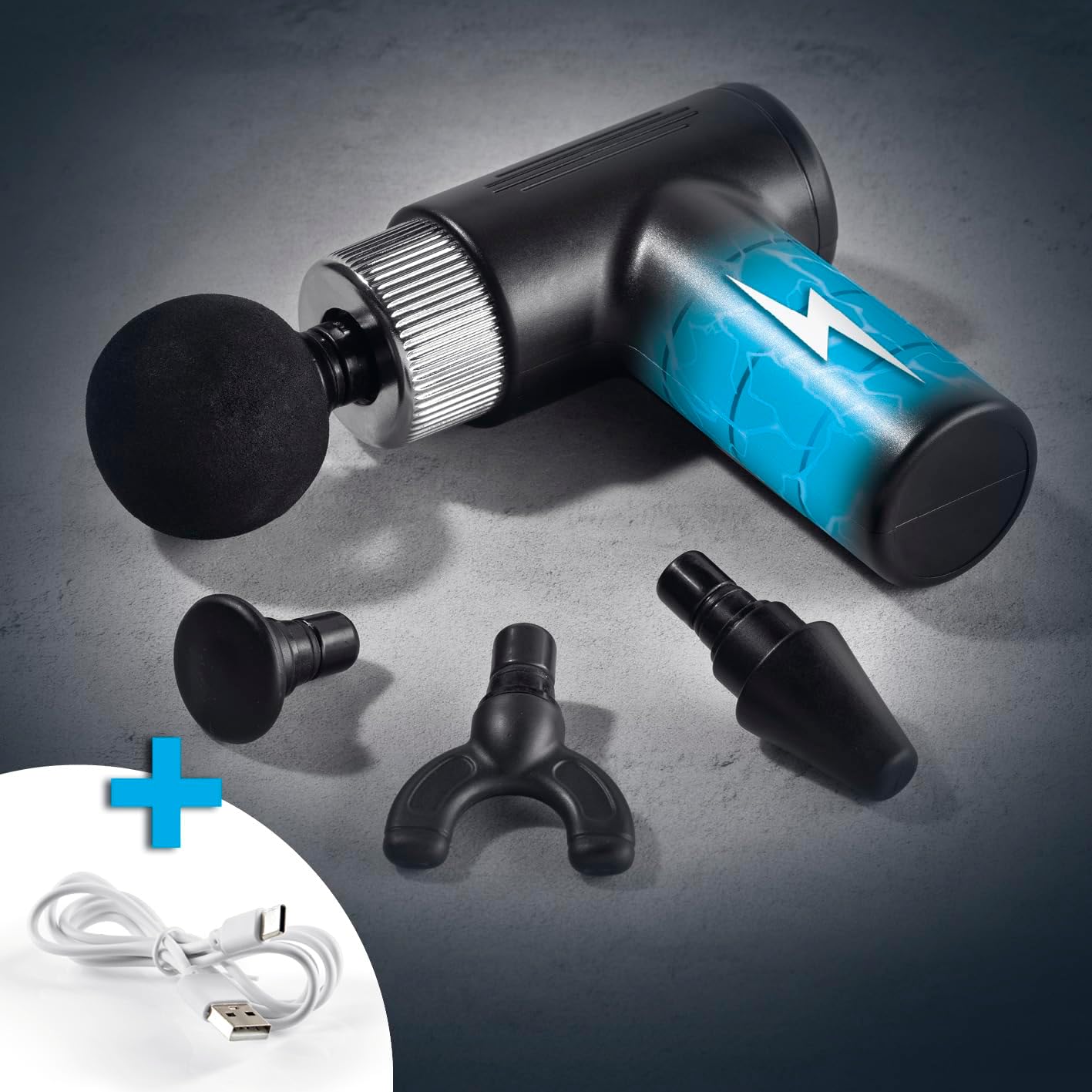 VITALmaxx Massage Gun with four attachments and USB-C charging cable