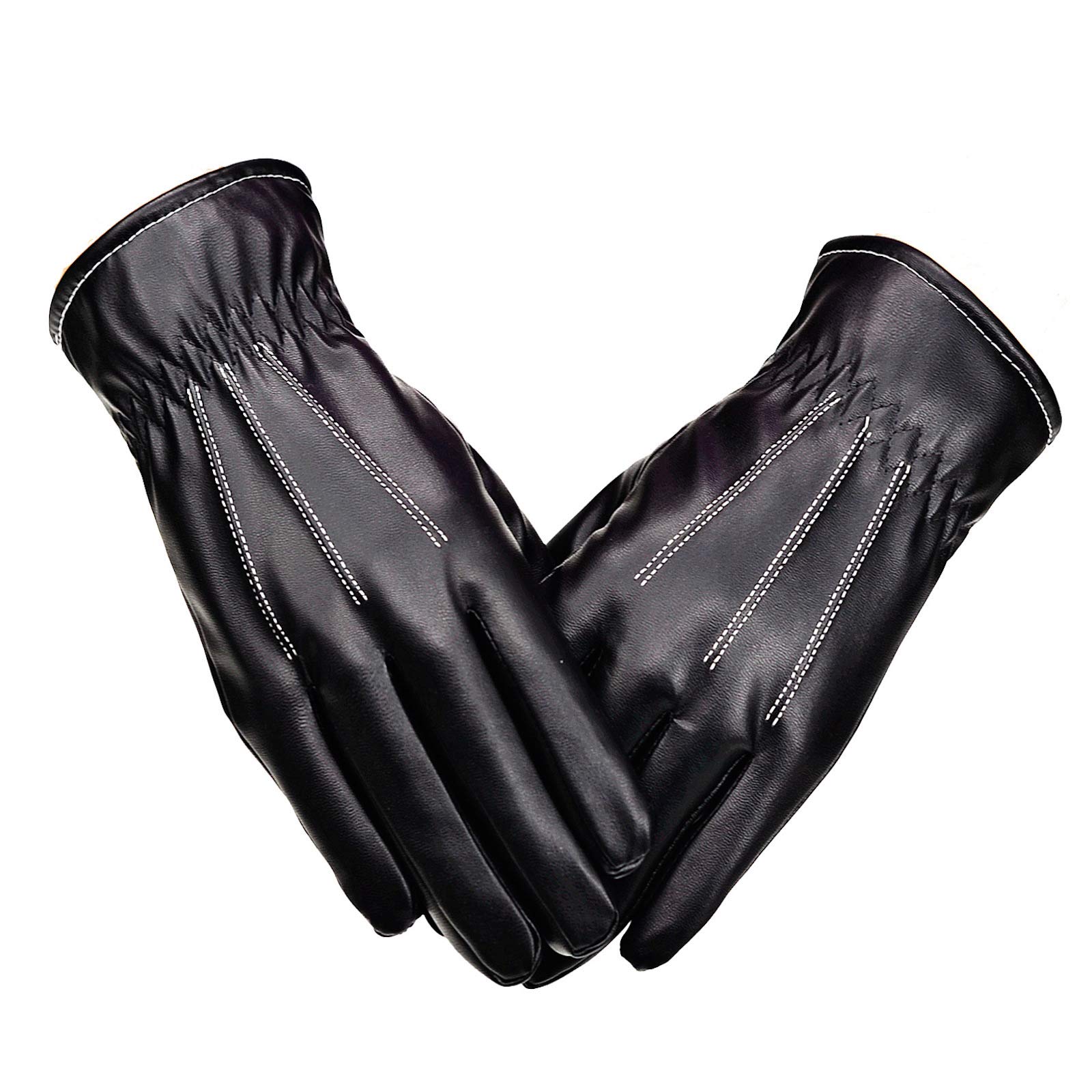 Elonglin Men's Luxury Faux Leather Gloves Fleece Lined Winter Driving Gloves Windproof Warm Thick Leather Thermal Mittens Black 2