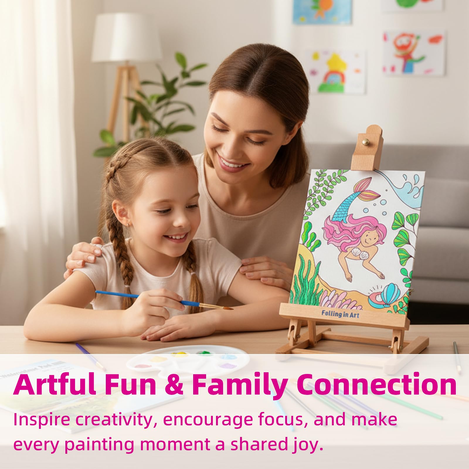 Falling in Art Juego de caballete de mesa, kit de pintura de caballete de madera portátil para niños, caballete para pintar lienzos, incluye pinturas acrílicas de 12 colores, 10 pinceles y 4 paneles