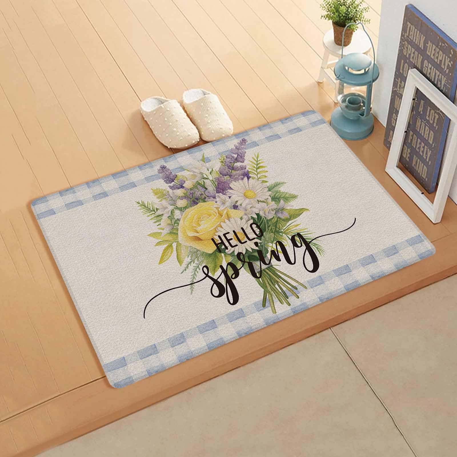 Botanical Flower Antifatigue Kitchen Bath Door Mat Cushioned Runner Rug,Washable Welcome Floor Sink Mat,Waterproof & Non-Slip Standing Doormat for Kitchen,Spring Summer Plant Lattice Blue 20