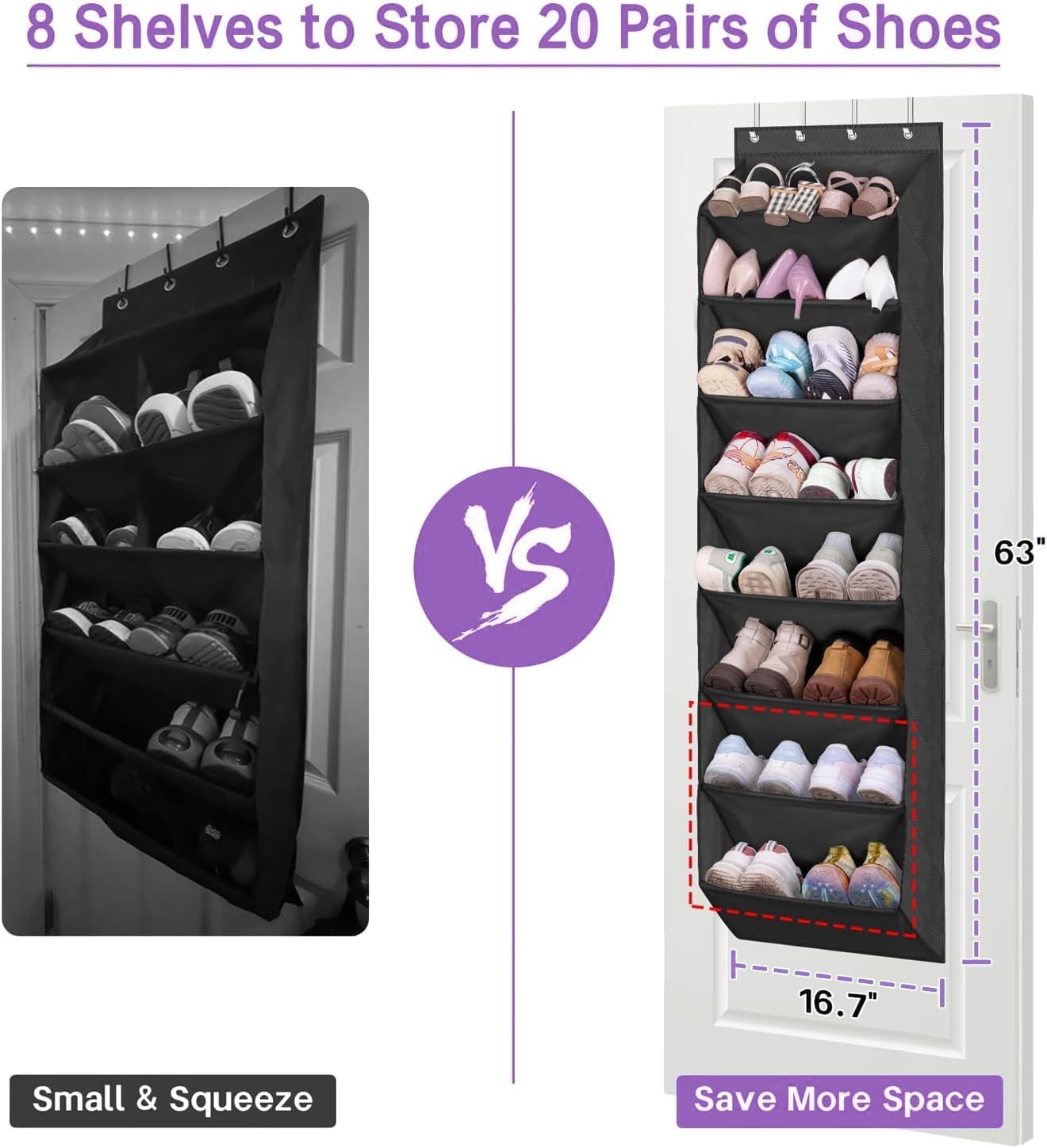 MISSLO 8 Shelf Over Door Shoe Organizer, Hanging Shoe Rack with Deep Pockets Back of Door Storage fits 20 works - Image 2
