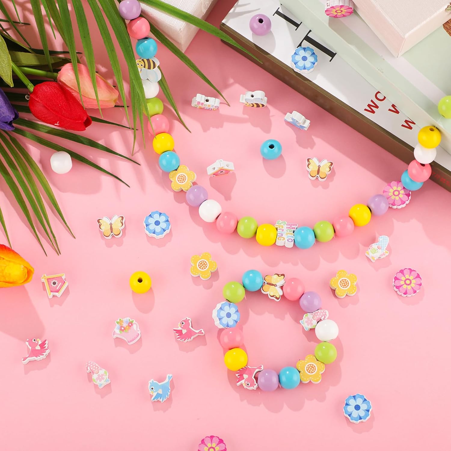 Misdary 200pcs Wooden Spring Craft Beads, Flower Colored Round & Special Shaped Beads for Jewelry Making, DIY Party Tree Hanging, Home Decor - Image 3
