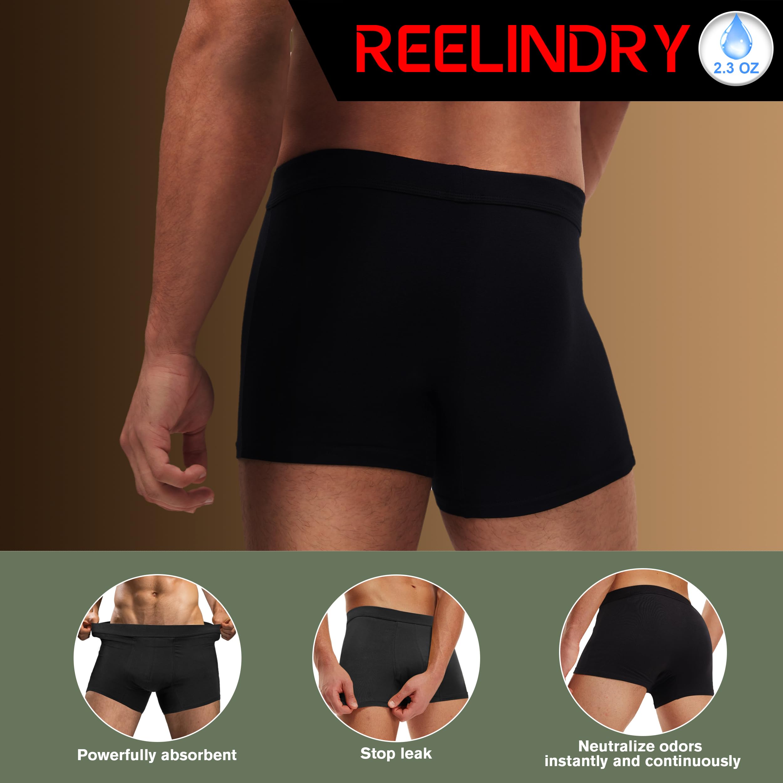 REELINDRY Incontinence Underwear for Men Leak Proof High Absorbency 2.3 oz Odor Control Bladder Leakage Washable Boxer Briefs 3 Pack (2 Black-1 Maroon, XL)
