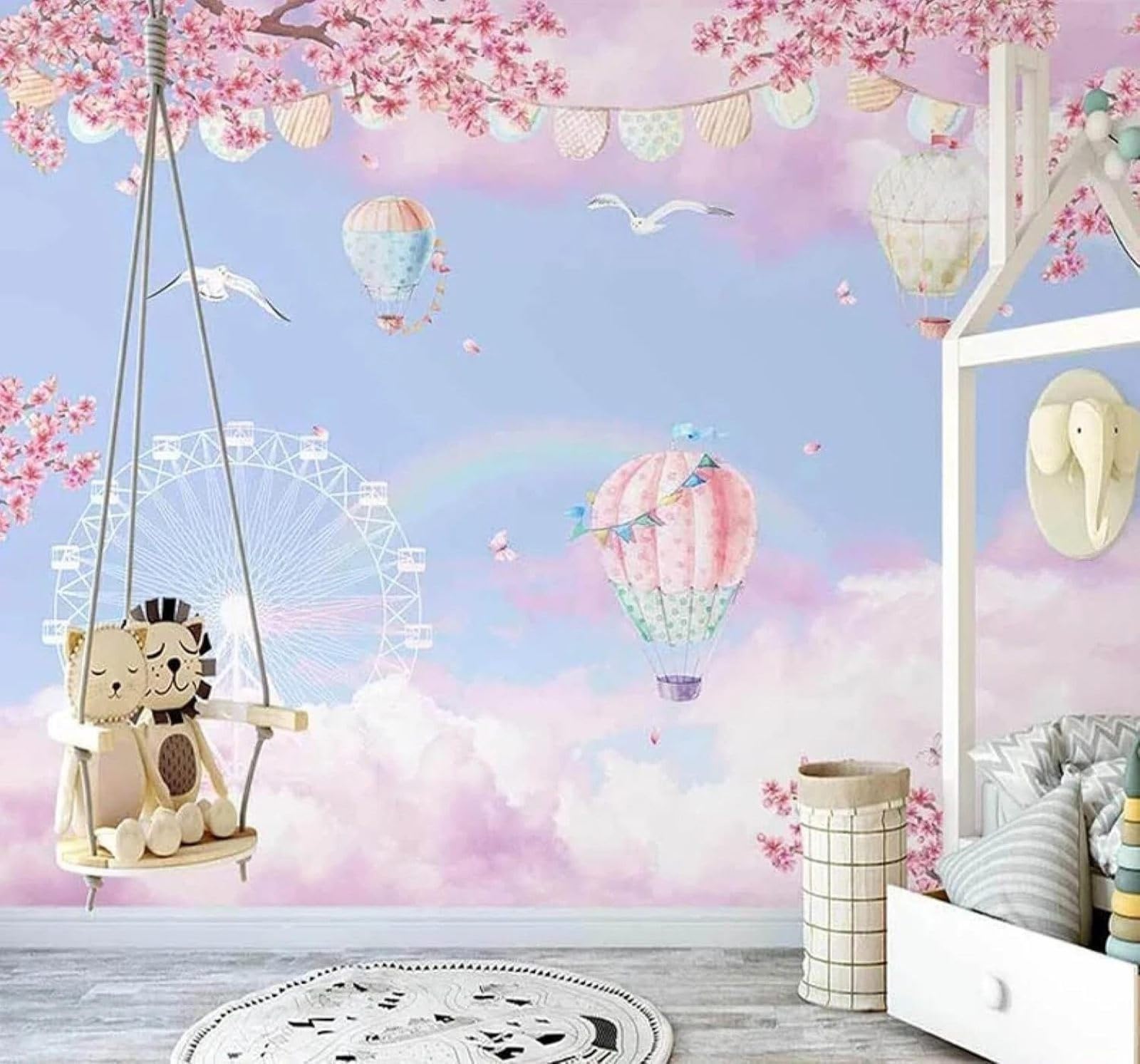 XLMING Hand Drawn Beautiful Dreamlike Hot Air Balloon Cherry Blossoms 3D Wallpaper Luxury Home Dining Decor Paste Sofa Living Room The Wall for Bedroom Mural-250cm×170cm
