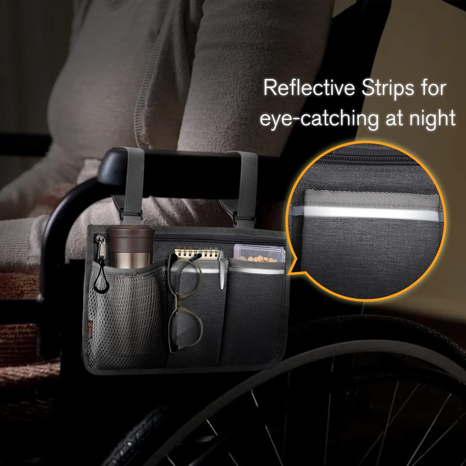 FINPAC Wheelchair Side Storage Bag - Wheelchair Armrest Accessories Organizers Pouch with Reflective Strips and Name Card Slot for Walkers, Mobility Scooters, Rollators (Gray) : Health & Household