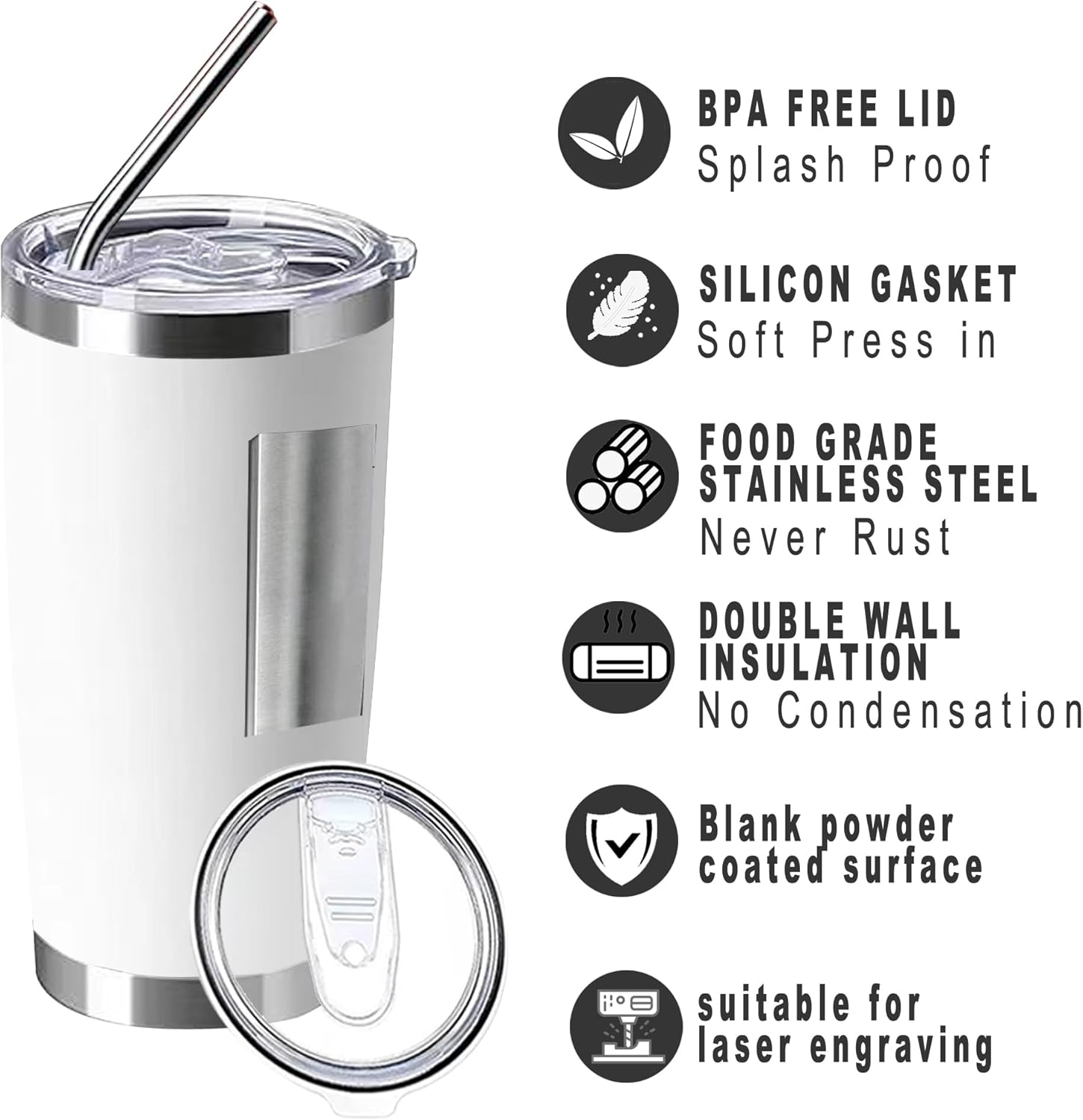 20oz Bulk Blank Insulted Tumblers Stainless Steel Cup Tumbler Bulk With Individual White Box, Powder Coated Coffee Cup For Cold And Hot Drinking (48, white) - Image 3