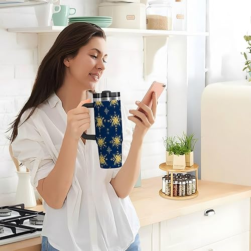 Miniatura 9 de Botella de agua reutilizable al vacío con diseño de flores vintage azules y doradas para la escuela con pajilla, resistente a las fugas, taza