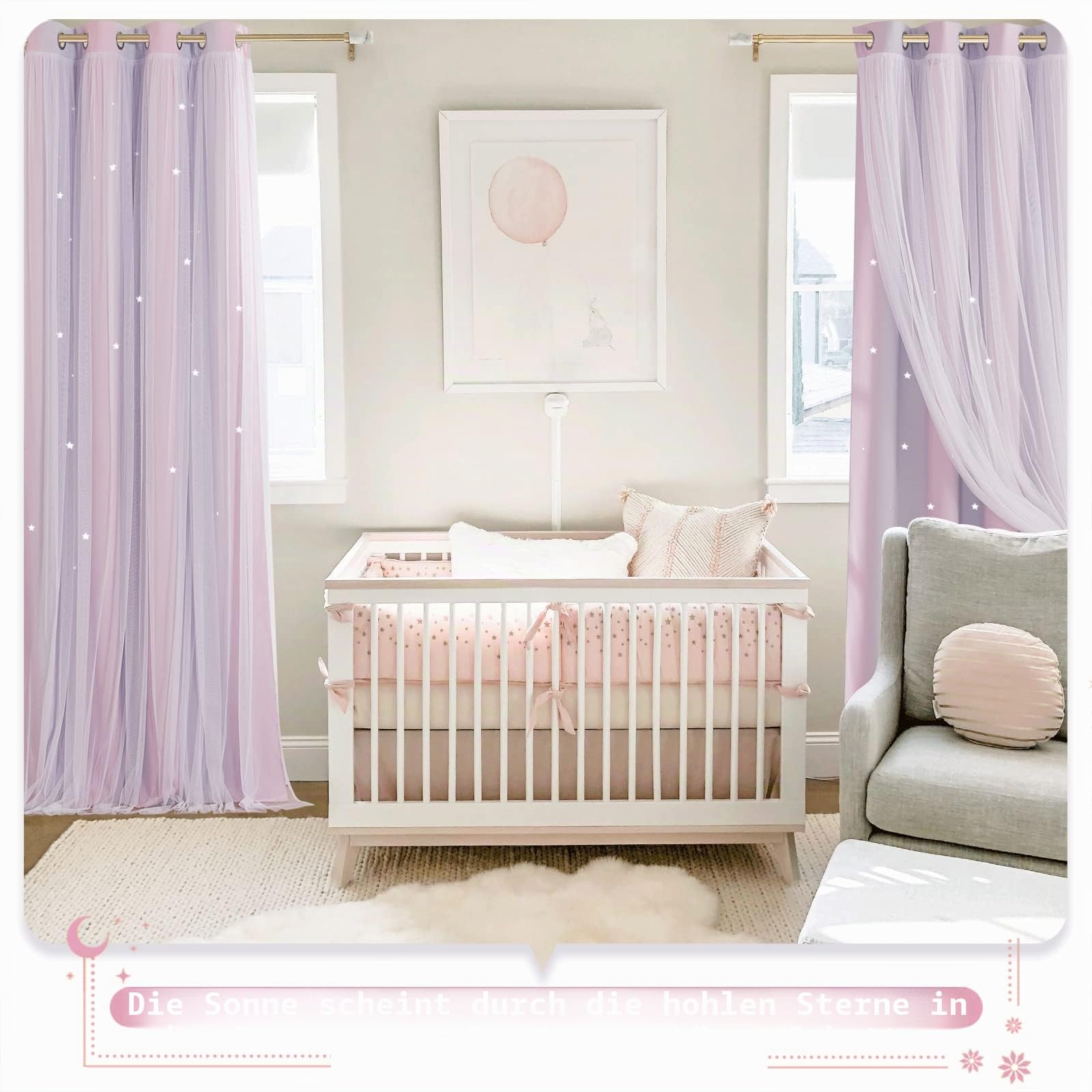 NICETOWN Gardinen Kinderzimmer Mädchen 2 Stücke Verdunklungsvorhänge Dekoration Sternevorhänge mit Voile Curtains Ösenvorhang H 240 x B 132 cm, Pink+Lila