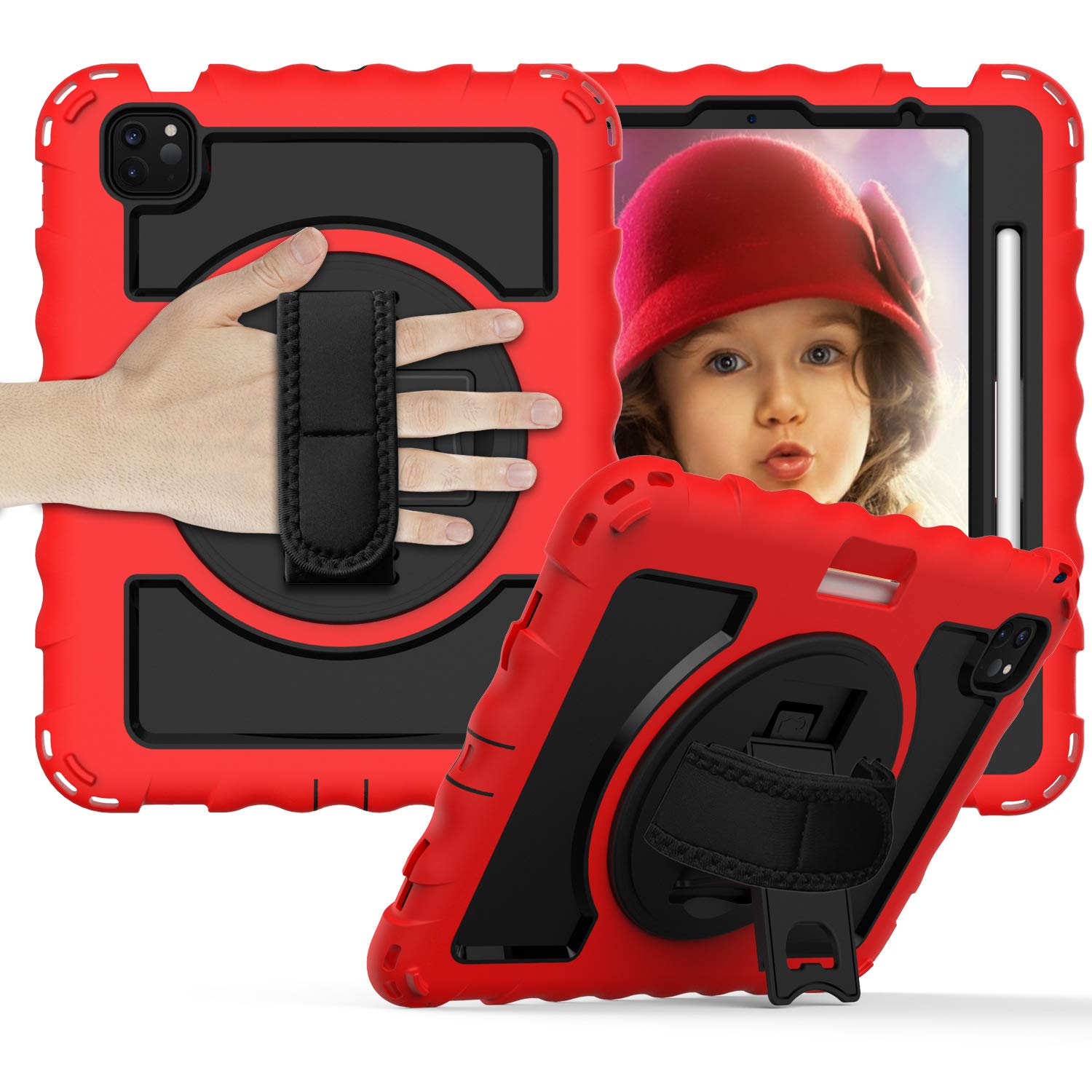 iPad Pro 11 2021/iPad Air 4 Universal Generation Case with Screen Protector Pen Holder Rotating Stand Hand/Shoulder Strap Durable Protective Case for iPad Red