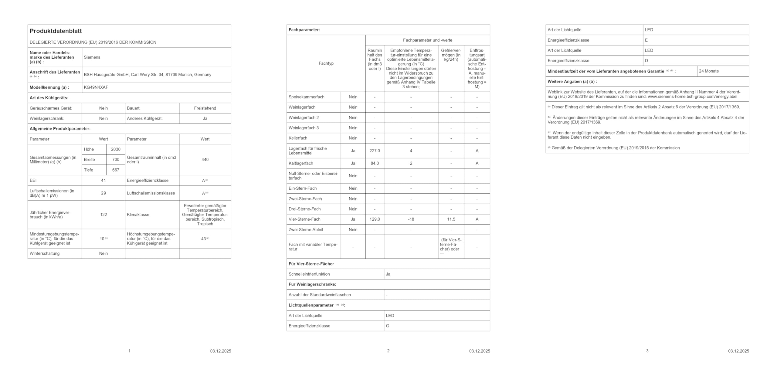 Siemens KG49N4XAF, iQ500, Freistehende Kühl-Gefrier-Kombination, Gefrierbereich unten, 440 l, Total noFrost, hyperFresh, extrem leise, LED Beleuchtung, 203 x 70 cm, Gebürsteter Stahl AntiFingerprint