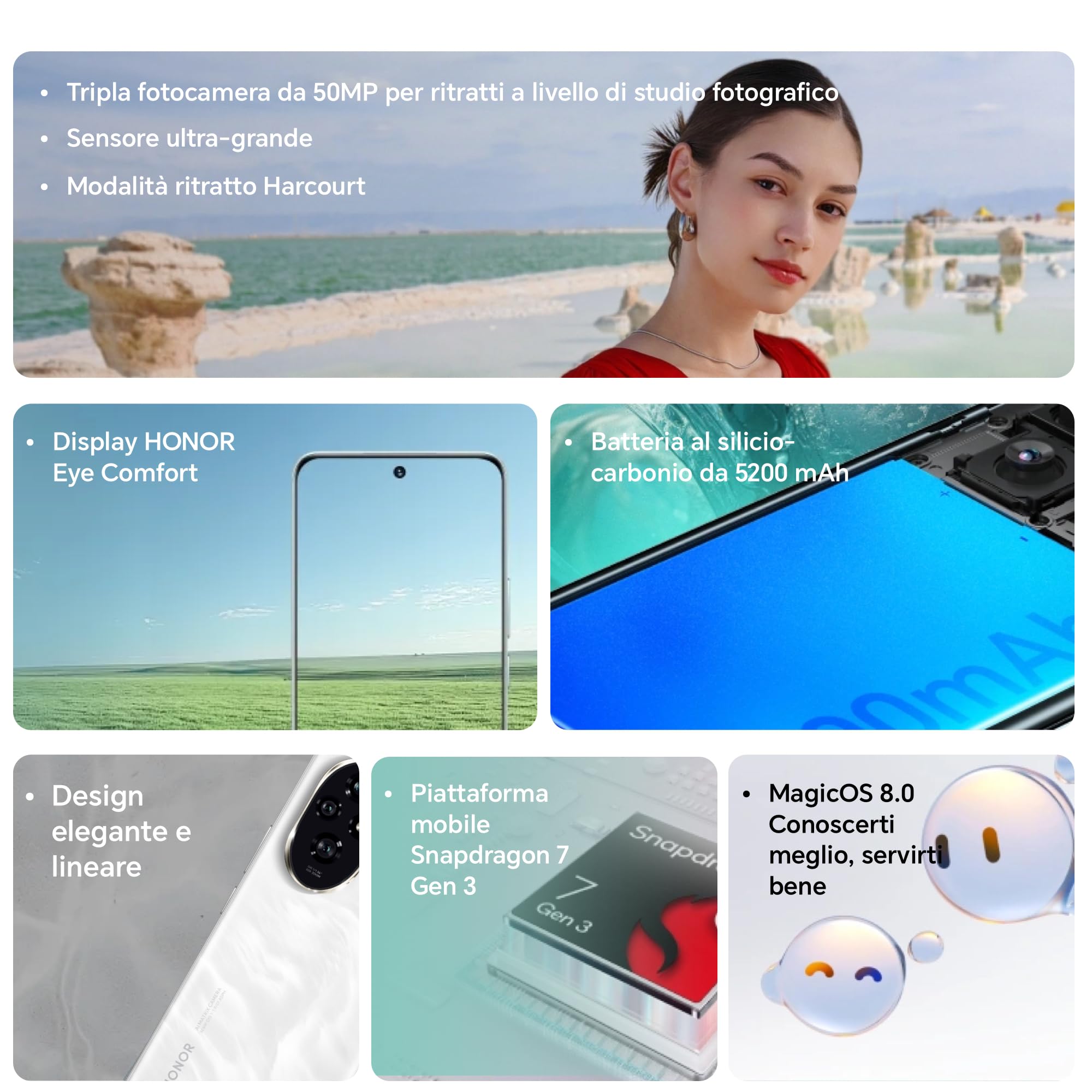 HONOR 200 Smartphone 5G NFC Dual SIM, 12GB RAM 512GB, AMOLED da 6.7 pollici telefono con tripla fotocamera principale da 50 MP, 5200 mAh, Android 14, Moonlight White [Versione italiana]