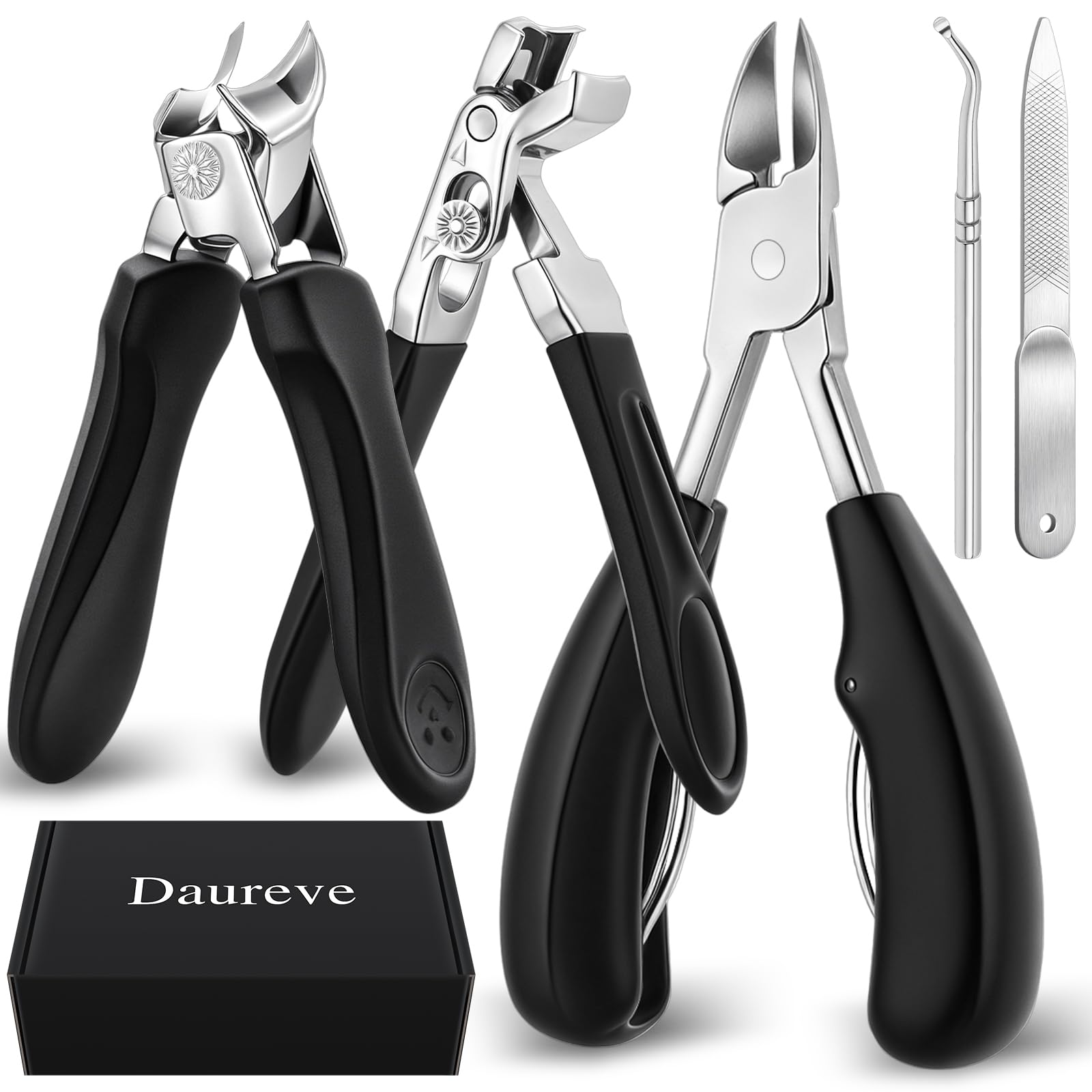 5pcs，Professional Toenail Clippers for Thick Nails, Heavy Duty Ingrown Toenail Clipper Set for Seniors and Men, Extra Wide Opening & Angled Head, Pedicure Kit with Nail File and Cleaner