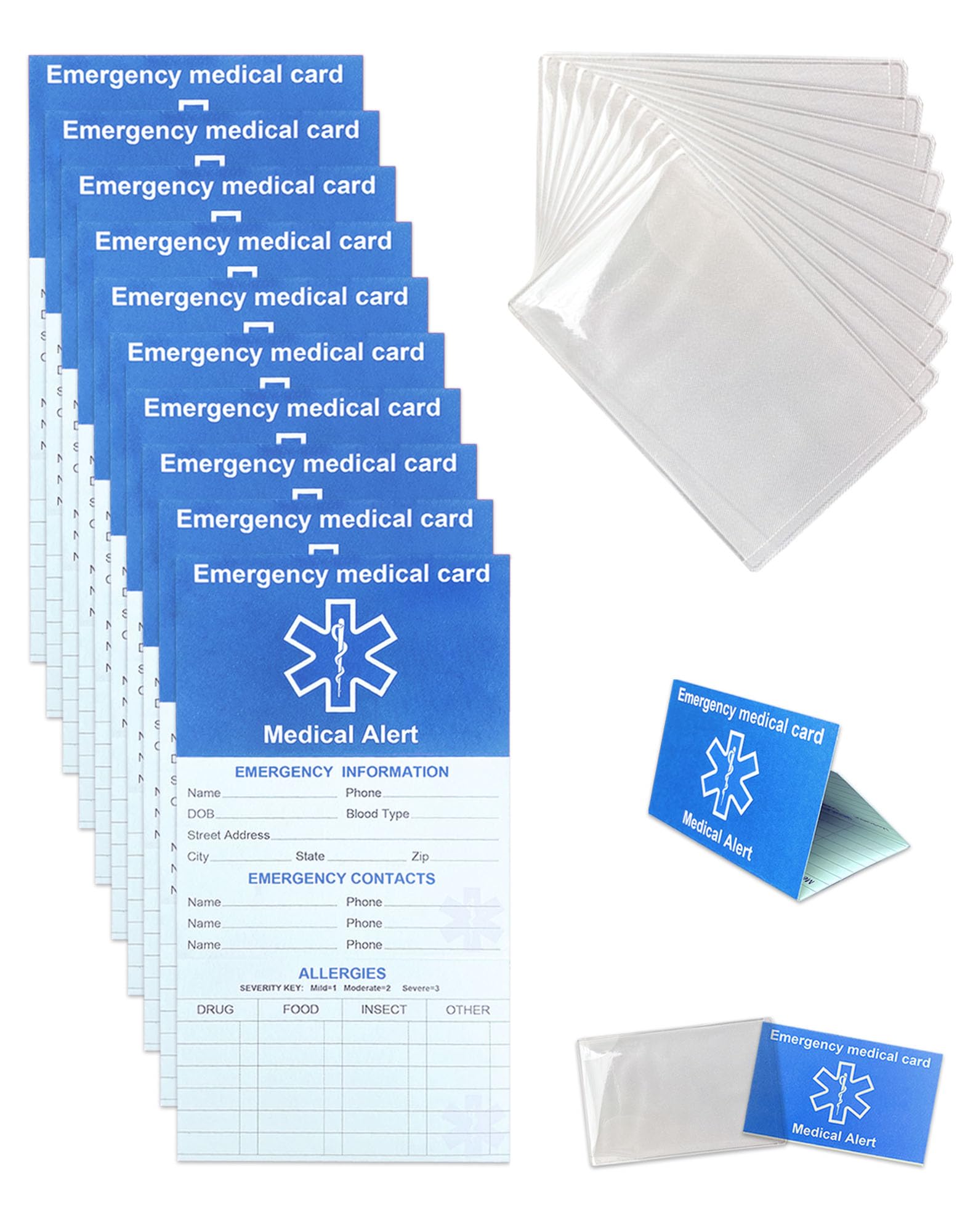 Emergency Contact Card for Wallet 10 Pack with 10 Sleeves, Blue Thick Cardstock Medical Alert Allergy Cards for Wallet, Medication List Wallet Size Card for Phone, Handbags, Retirement Community