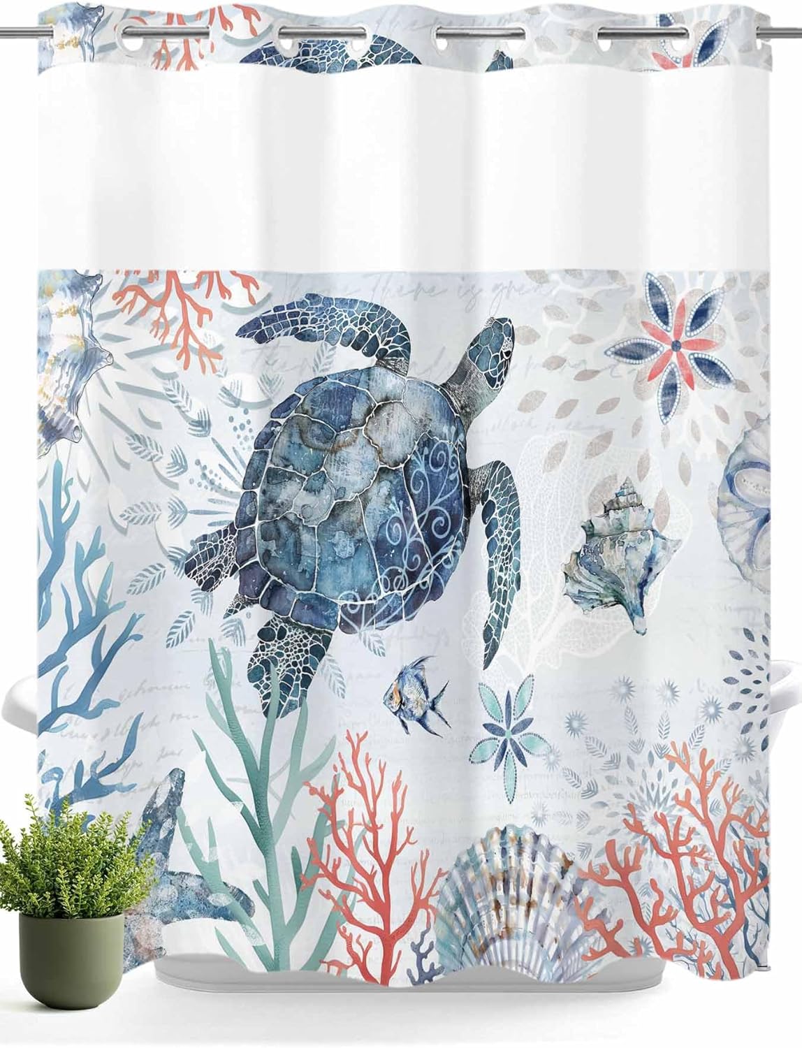 No Hook Shower Curtain with Snap in Liner, Sea Turtle Blue Ocean Shell Starfish Waterproof Bath Curtain Double Layers with See Through Top Window, Coral Marine Life Hotel Shower Curtains