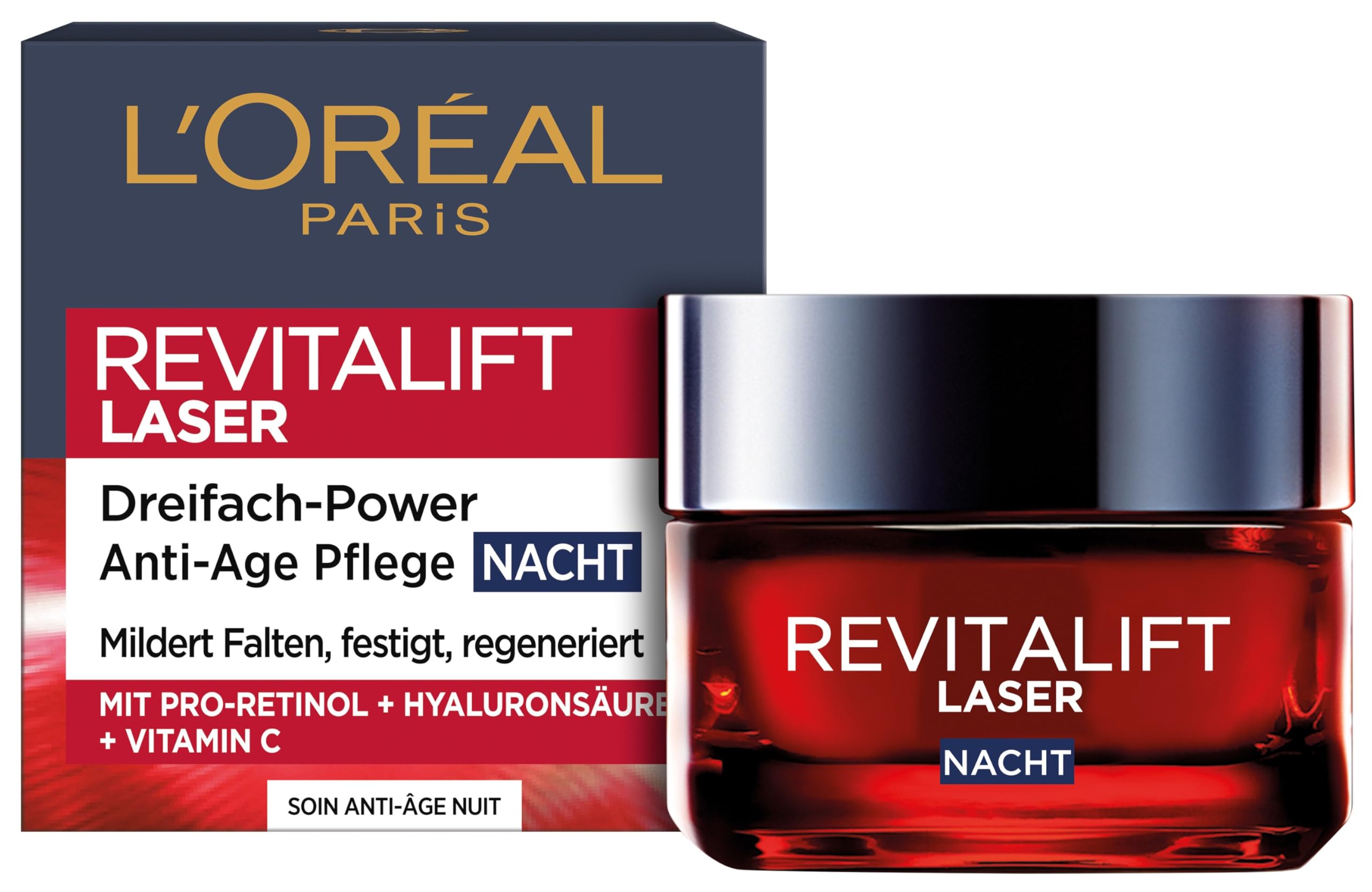 L'Oréal Paris Anti-Aging-Nachtcreme mit Dreifachpower für Frauen: mildert Falten & strafft die Haut, mit Pro-Retinol, Hyaluronsäure und Vitamin C, RevitaLift Laser, 1x 50ml