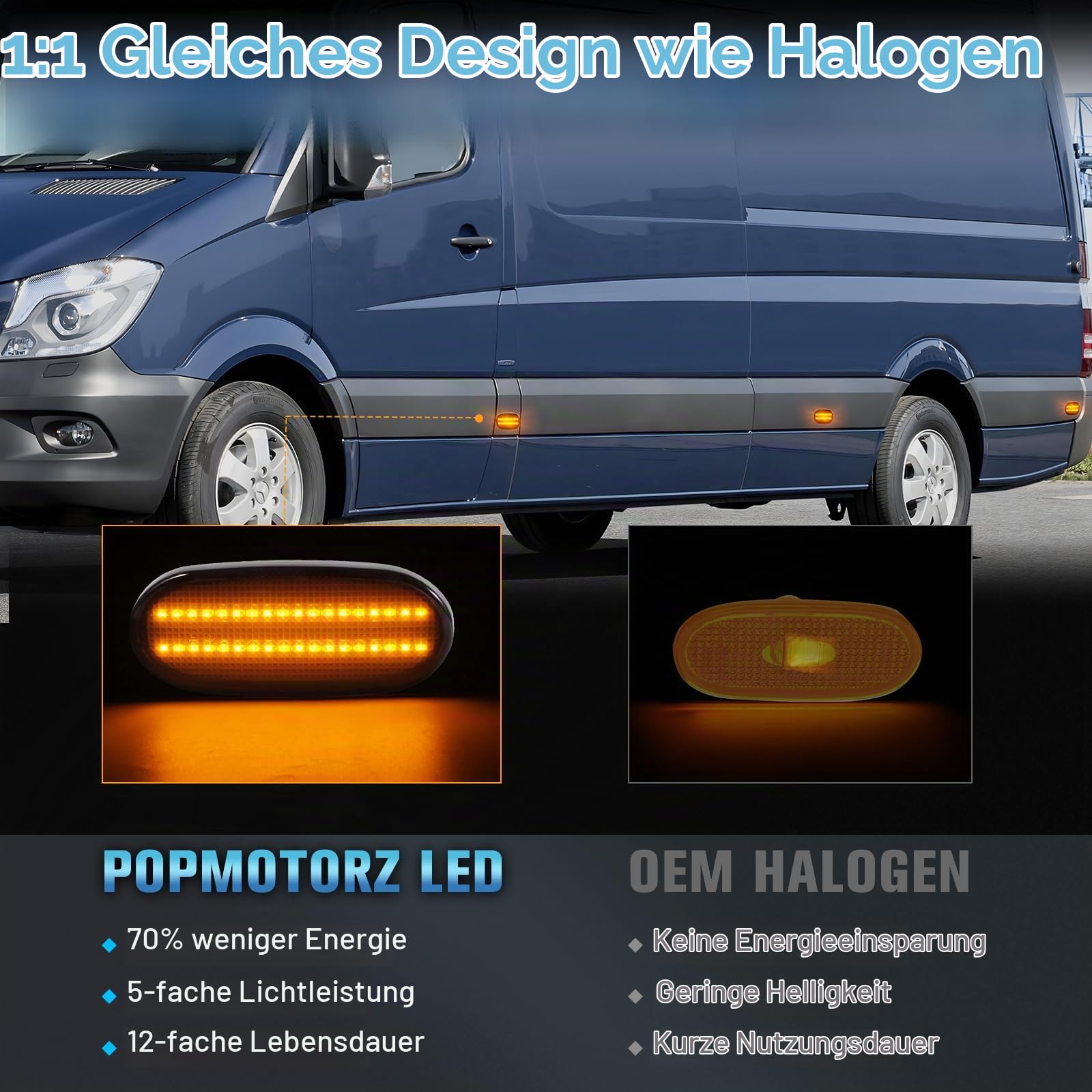 POPMOTORZ LED Seitenblinker Blinker Schwarz mit Canbus Fehlerfrei 2835 SMD für Mercede-s Benz Sprinter W906 VW C-RAFTER, 6 Stück