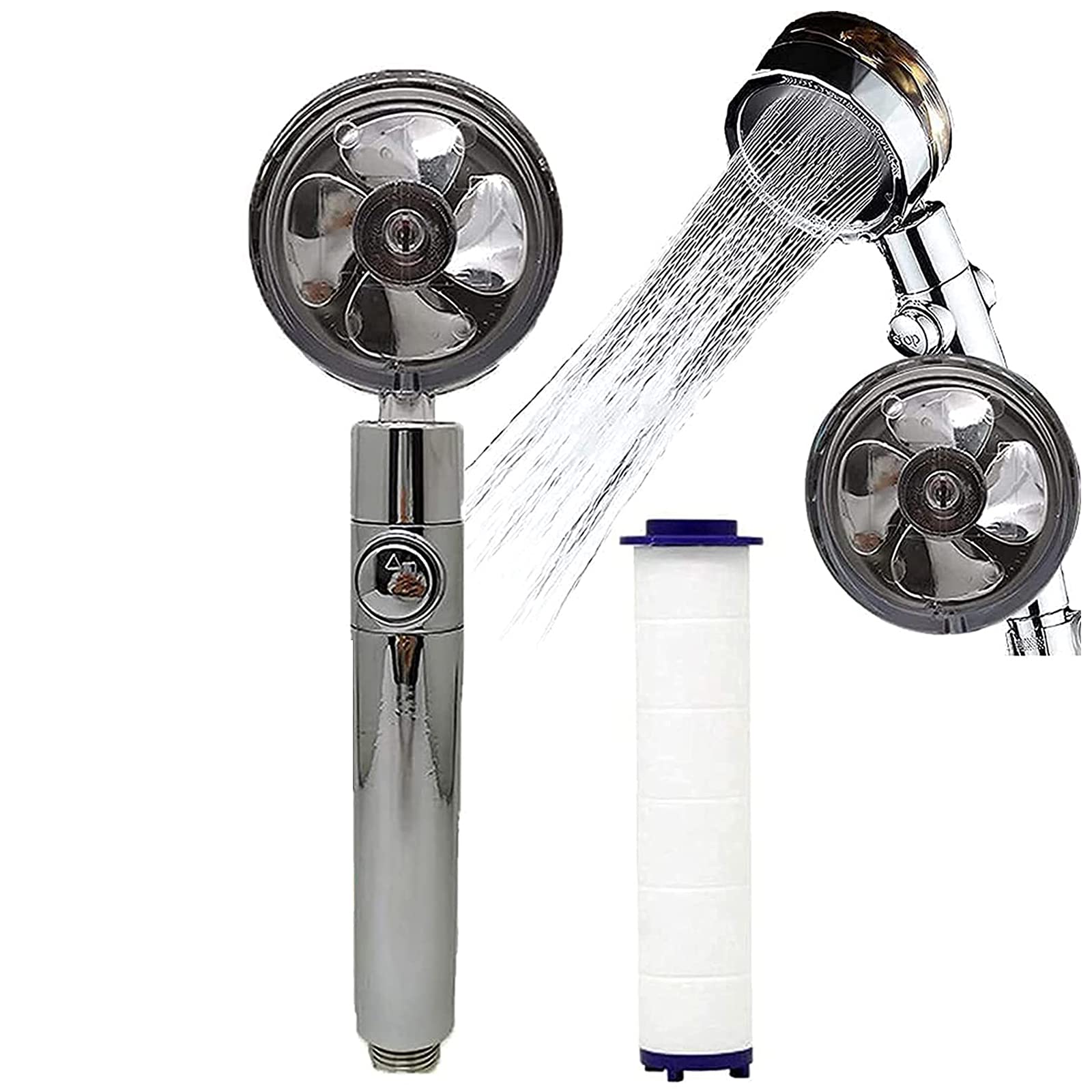 High Pressure Fan Shower Heads - Turbo Propeller Driven Shower Head, Detachable Handheld 360 Power Shower Head Rotating, Water Saving Flow Magic Waterline, Premium Turbocharged Kit (Silver)