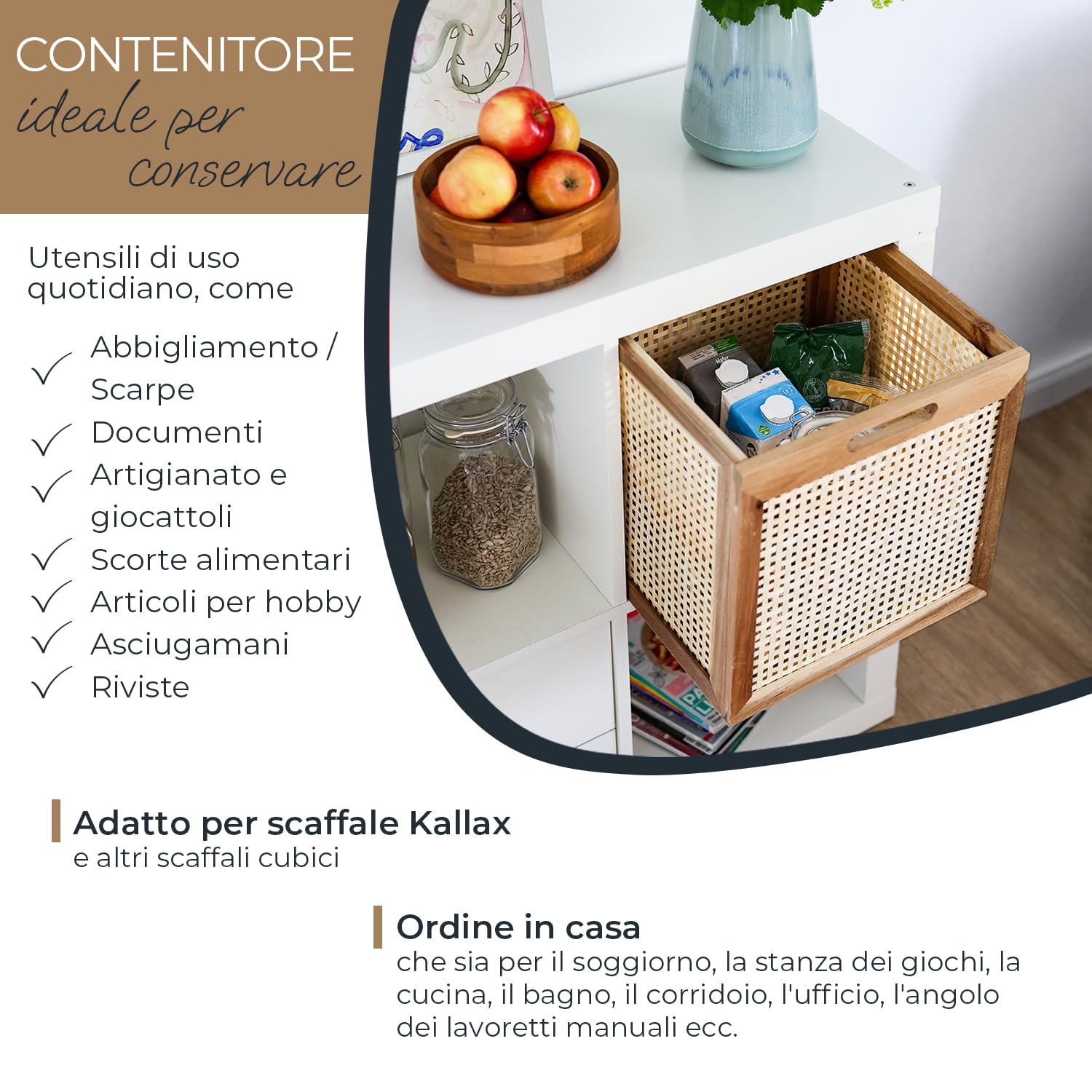 HMF Cesto portaoggetti adatto per scaffali Kallax, cesto in rattan con vimini viennese e legno di acacia, modello 3, 32 x 34 x 32 cm