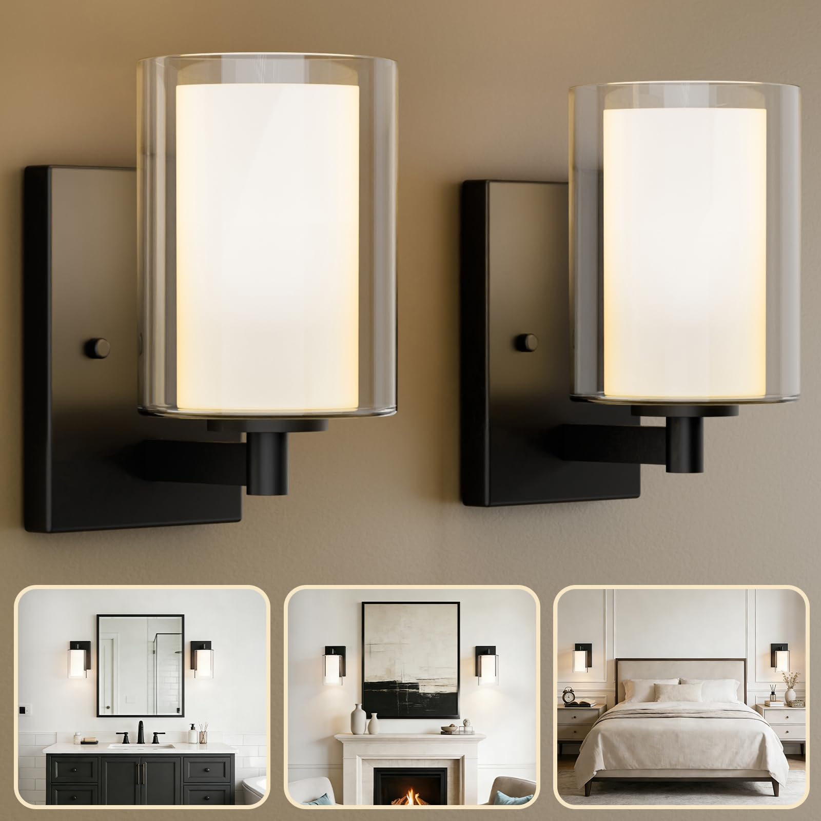 Kalium Wall Sconces Set of Two, Modern Vanity Lights with Double Clear Glass Shade Matte Black Indoor Farmhouse Wall Lights for Bathroom Living Room Bedroom Mirror Hallway Bulb E26 Base (2PCS)