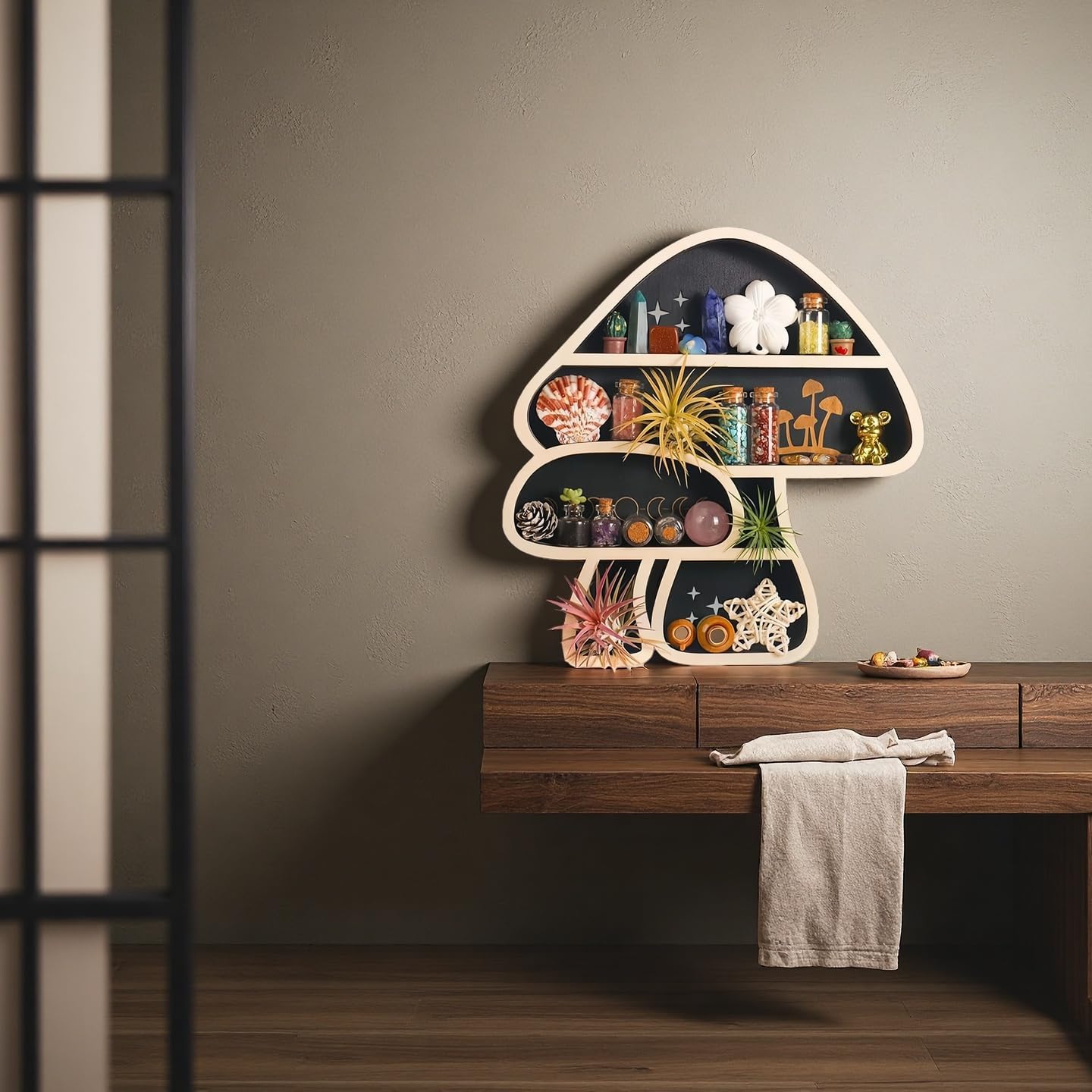 Cute Wooden Mushroom Wall Decoration Accessory Display Stand, Suitable for Crystals, Stones, Gemstones, Healing Stones, Rare Treasures, Interesting Room Wall Decoration (Mushroom Crystal Stand)