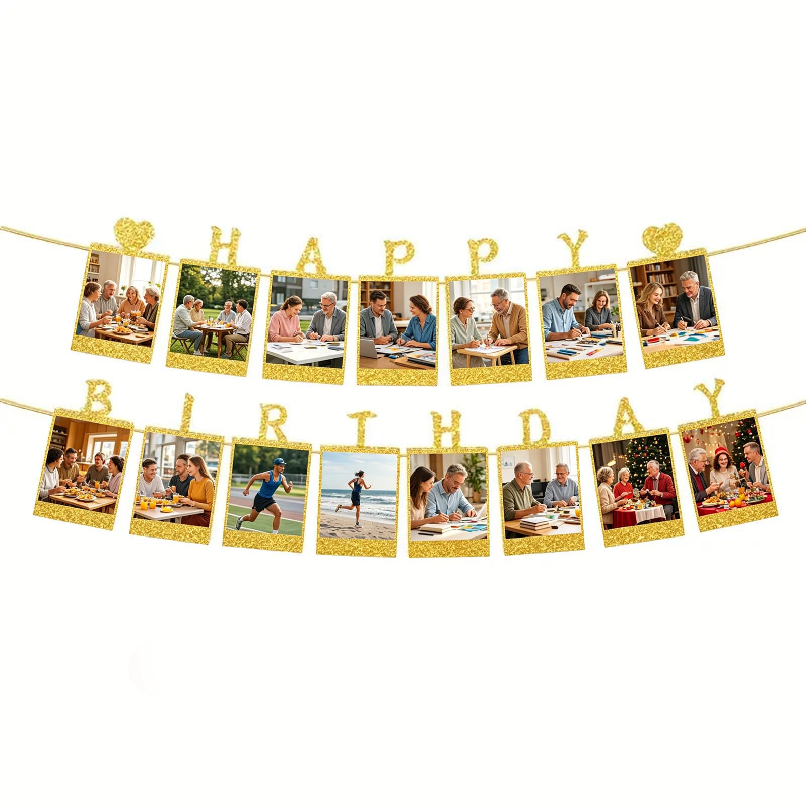 Happy Birthday Banner Personalised with Photos - Gold Glitter Birthday Sign with 15 Photo Holders for Pictures - Party Decorations for Adult