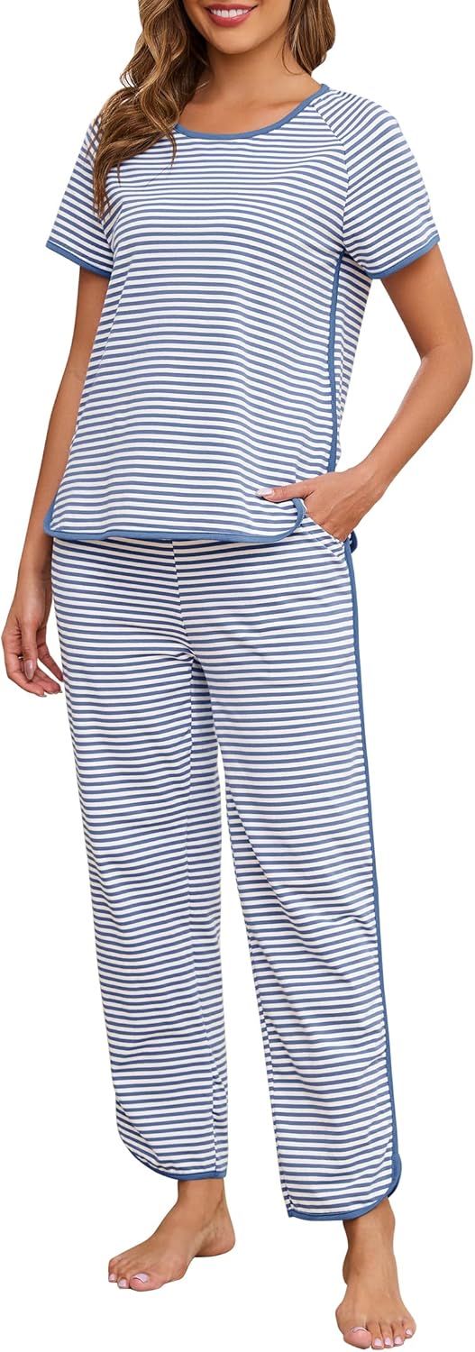 Womens Pajama Sets Cotton 2 Piece Lounge Set Stripe Short Sleeve Pj Set Comfy Loungewear Sleepwear with Pockets
