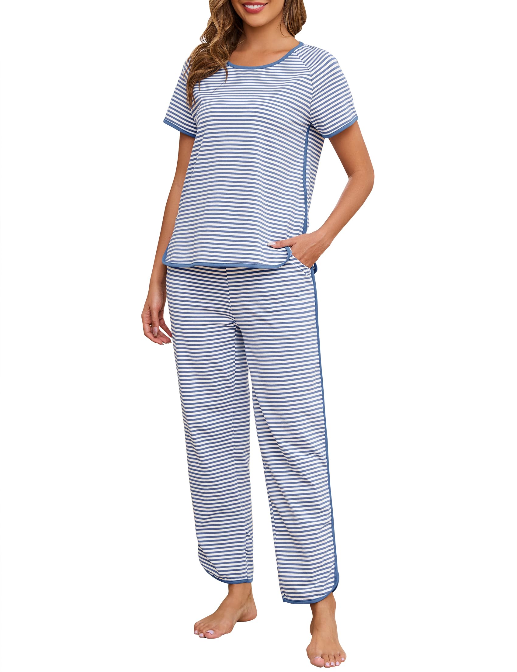 Namatime Womens Pajama Sets Cotton 2 Piece Lounge Set Stripe Short Sleeve Pj Set Comfy Loungewear Sleepwear with Pockets