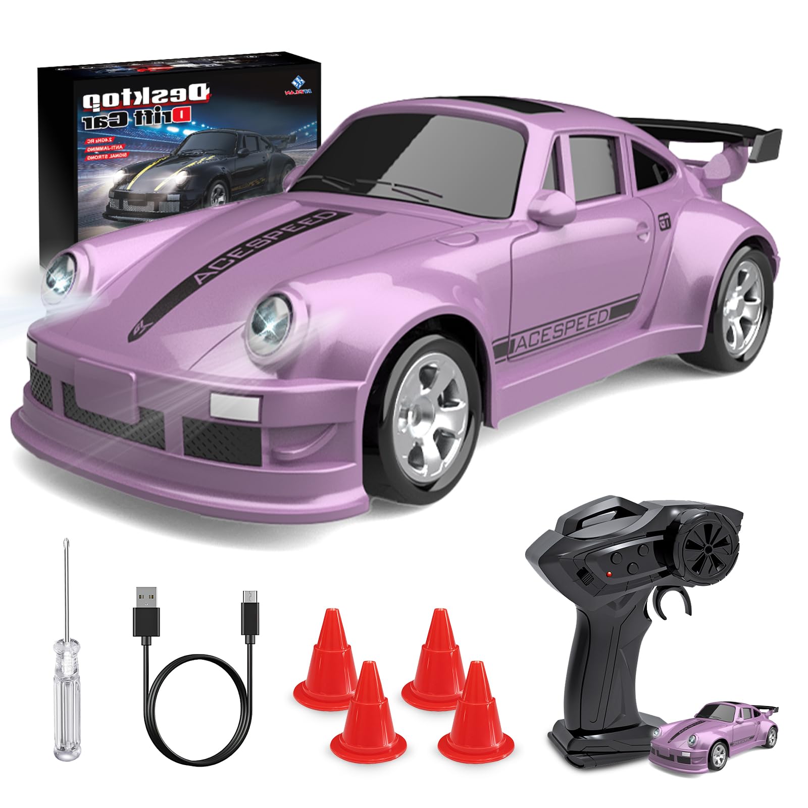 JONRRYIN Coche teledirigido Drift Car, 1:64 Mini Drift Auto teledirigido, 4WD Coche RC Drift de Mesa, Coche teledirigido con luces LED, mando a distancia de 2,4 GHz, 15 km/h, coche de juguete para — view 2