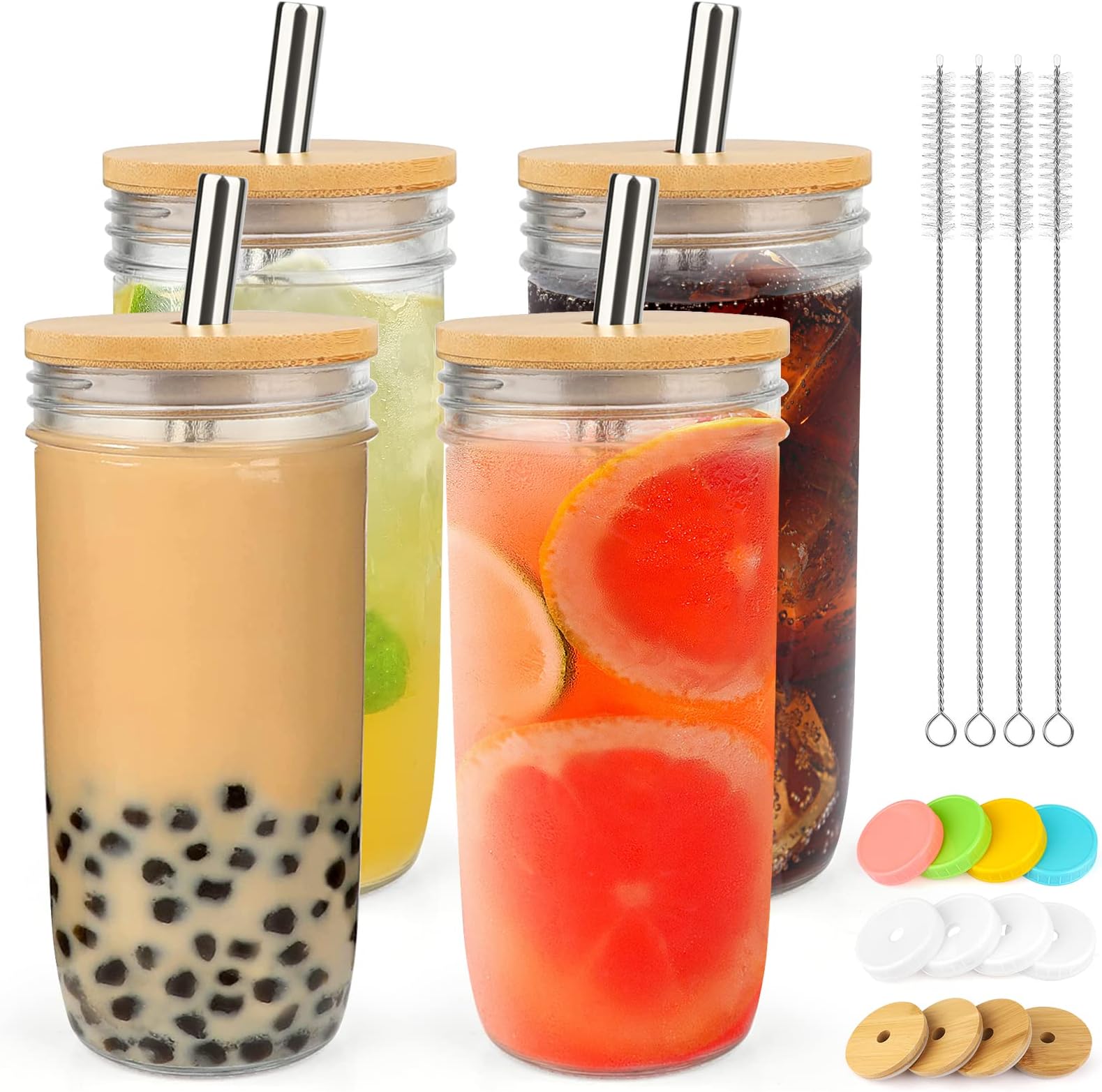 [ 4 Pack ] Glass Cups Set - 24oz Mason Jar with Straw Reusable Wide Mouth Bubble Smoothie Bobo Iced Coffee Cup w 12 Airtight Lids Brush,Tumbler Drinking Bottle for Pearl Tea, Juice