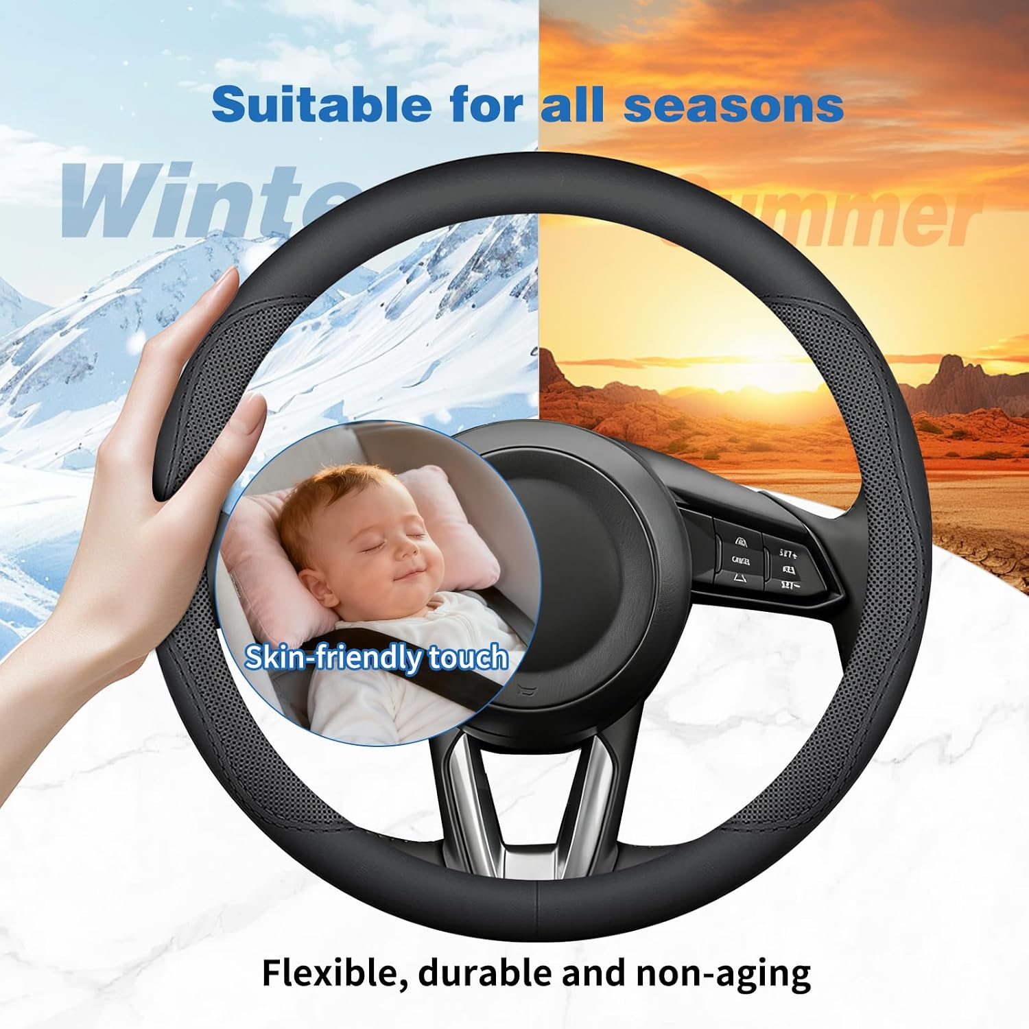 Anti-Slip Steering Wheel Cover for Mazda CX5/CX-5 CX50/CX-50 CX3/CX-3 CX30/CX-30 CX9/CX-9 Mazda 3 Mazda 5 Mazda 6 MX-5 Miata CX-7 RX-8 GS GT Sport Touring Accessories (Black Leather 14.76"-15")