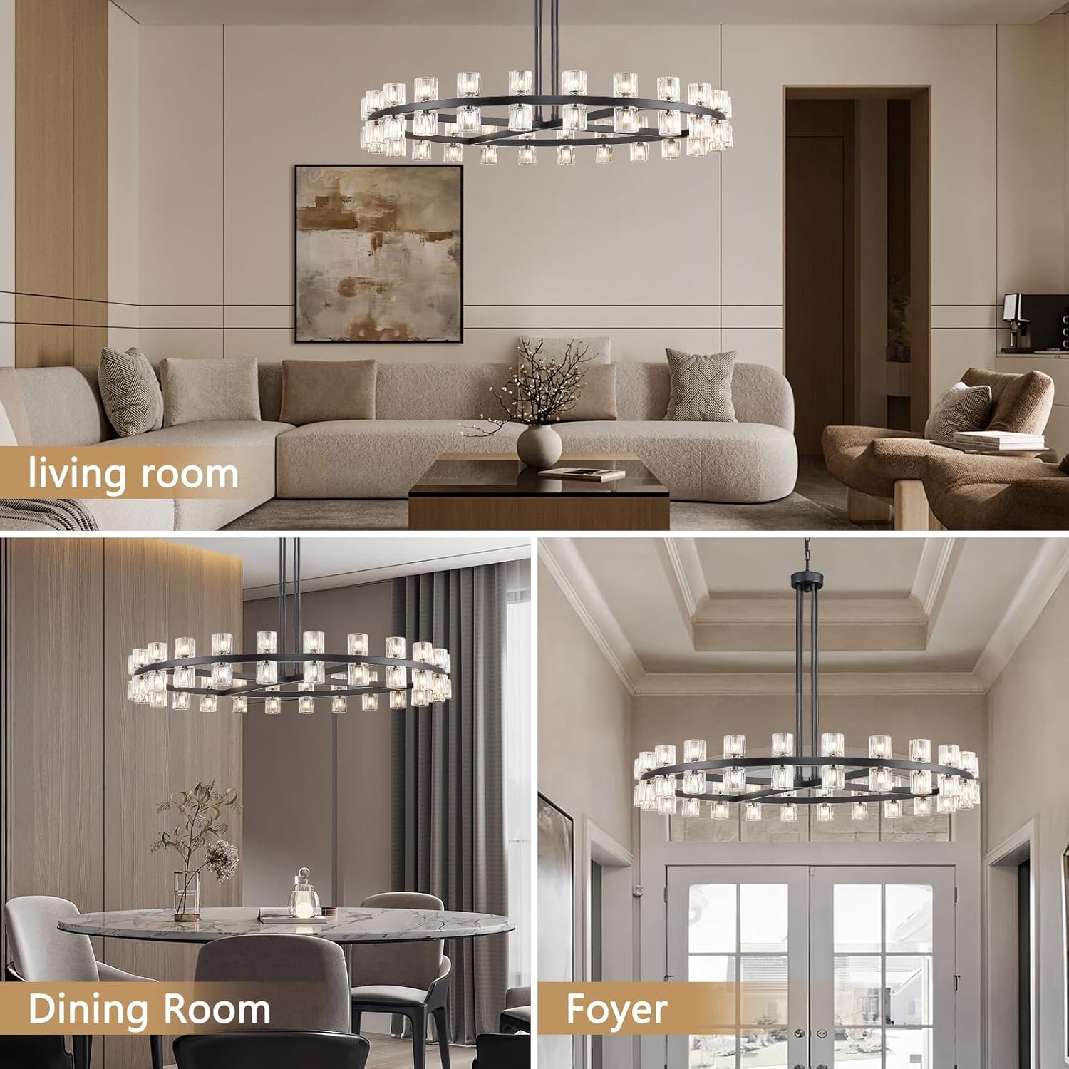 Modern Black Round Crystal Chandelier, D47.2 Wagon Wheel Chandelier for Dining Room Over Table, K9 Crystal Chandeliers Pendant Light Fixture for Kitchen Island, Entryway, Living Room, Foyer