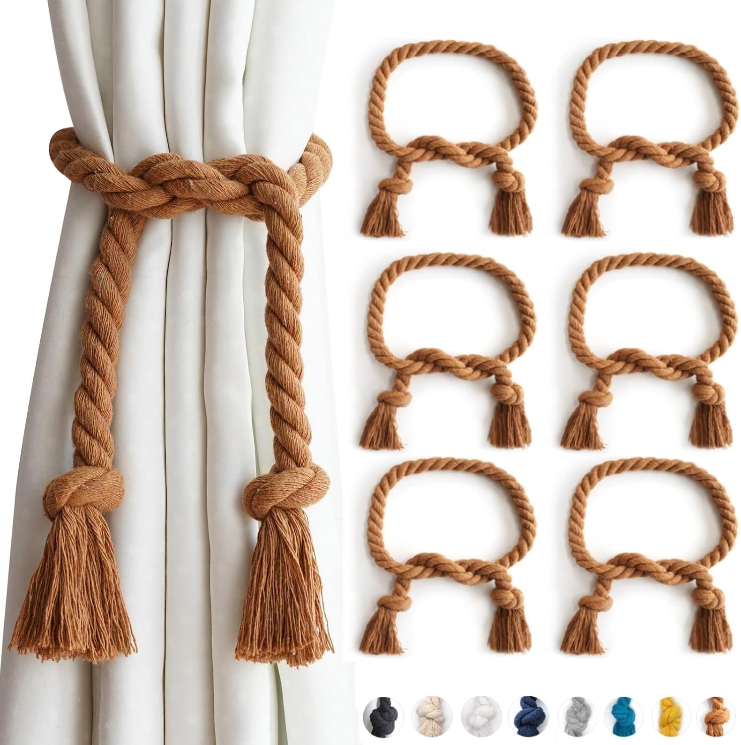 4 Pack Curtain Ties, Outdoor Curtain Tiebacks Rope for Patio Gazebo Pergola Cabana, Natural Cotton Curtain Holders, Village Rural Rustic Farmhouse Curtain Holdbacks for Drapery, Black