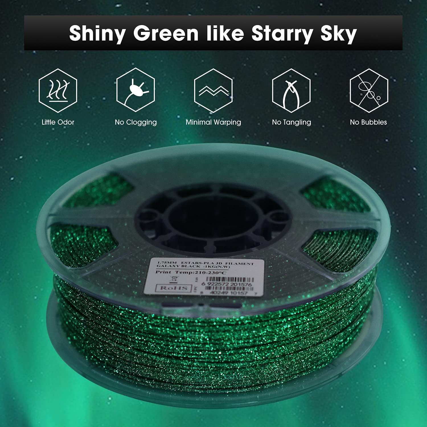 eSUN eStars PLA Luminous 3D Printer Filament, 1.75mm 1KG Spool Upgrade Strong Glow in The Dark Shiny PLA for 3D Printers, Luminous Shiny Galaxy Black